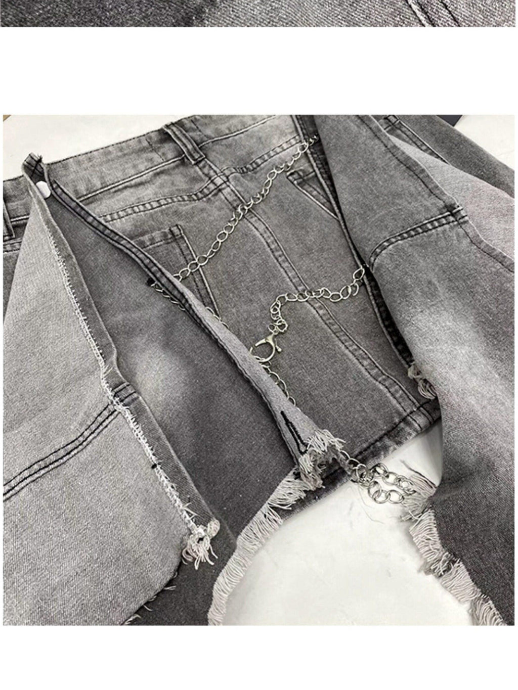 REDDACHIC Punk Tie Distressed Asymmetric Aline High Waist Women'S Denim Midi Skirts