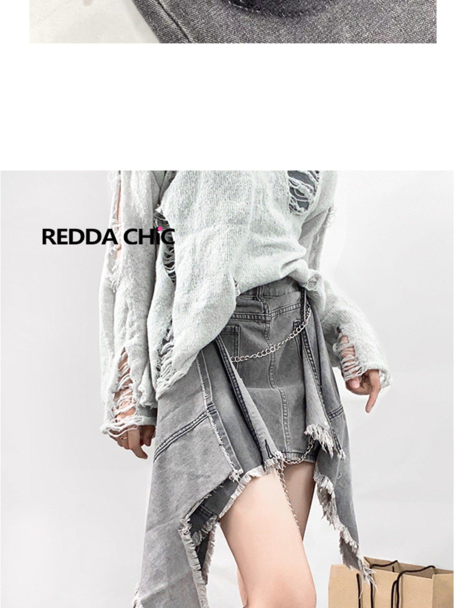 REDDACHIC Punk Tie Distressed Asymmetric Aline High Waist Women'S Denim Midi Skirts