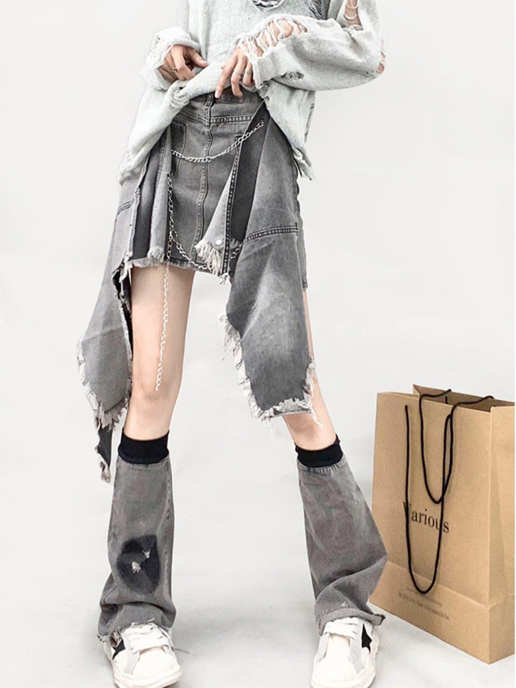 REDDACHIC Punk Tie Distressed Asymmetric Aline High Waist Women'S Denim Midi Skirts
