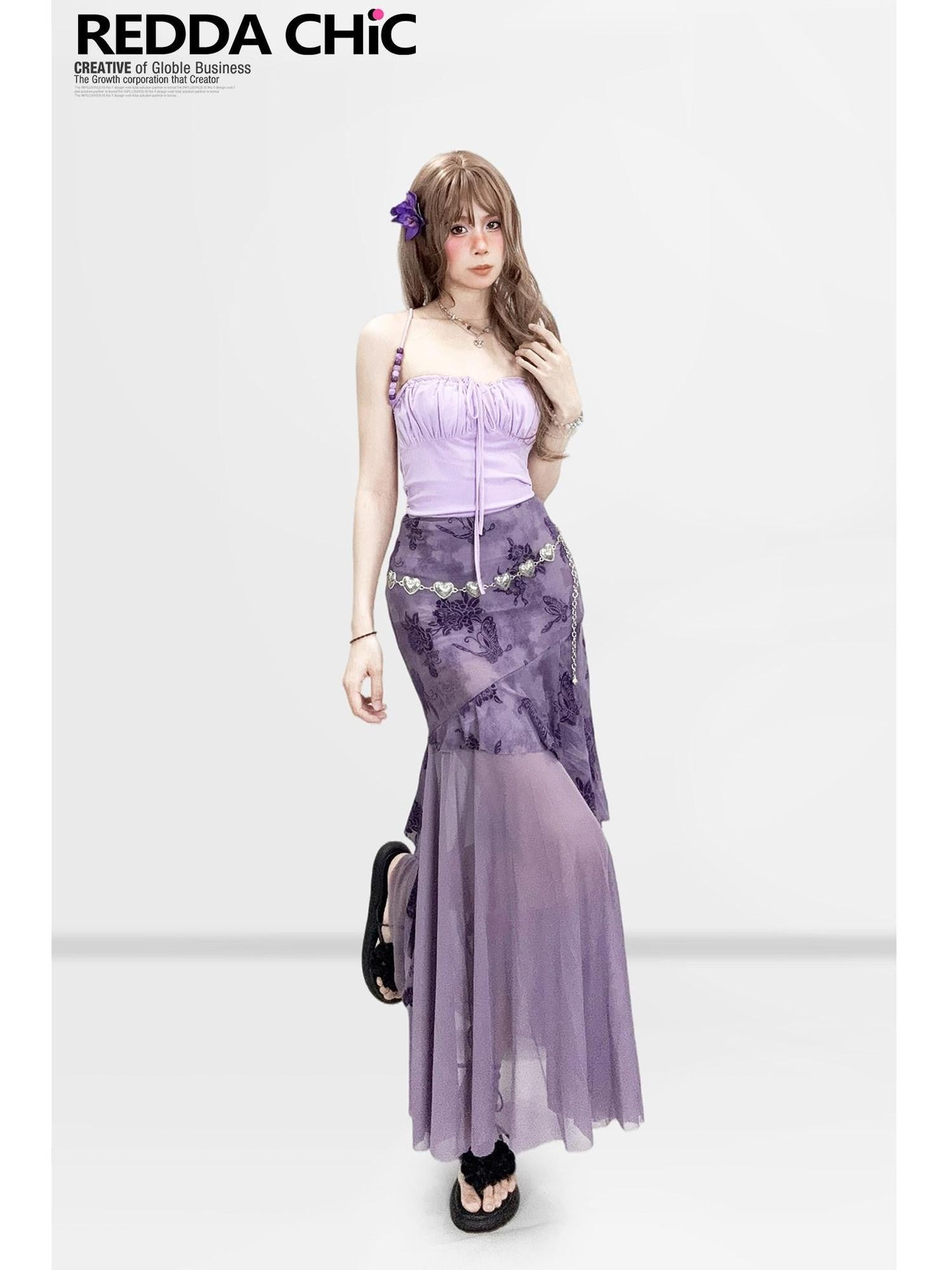 REDDACHIC Purple Butterfly Print Y2K Cropped Slim Women'S Mesh Camisoles