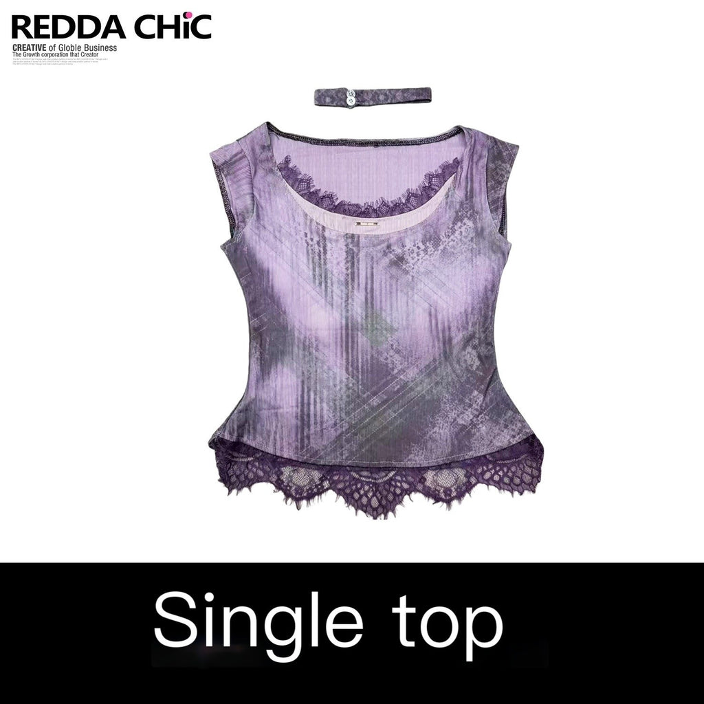 REDDACHIC_Purple_Lace_Patchwork_Gradient_Cinched_Cropped_Women'S_Short_Sleeve_T-Shirts_MISSTT