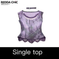 REDDACHIC_Purple_Lace_Patchwork_Gradient_Cinched_Cropped_Women'S_Short_Sleeve_T-Shirts_MISSTT