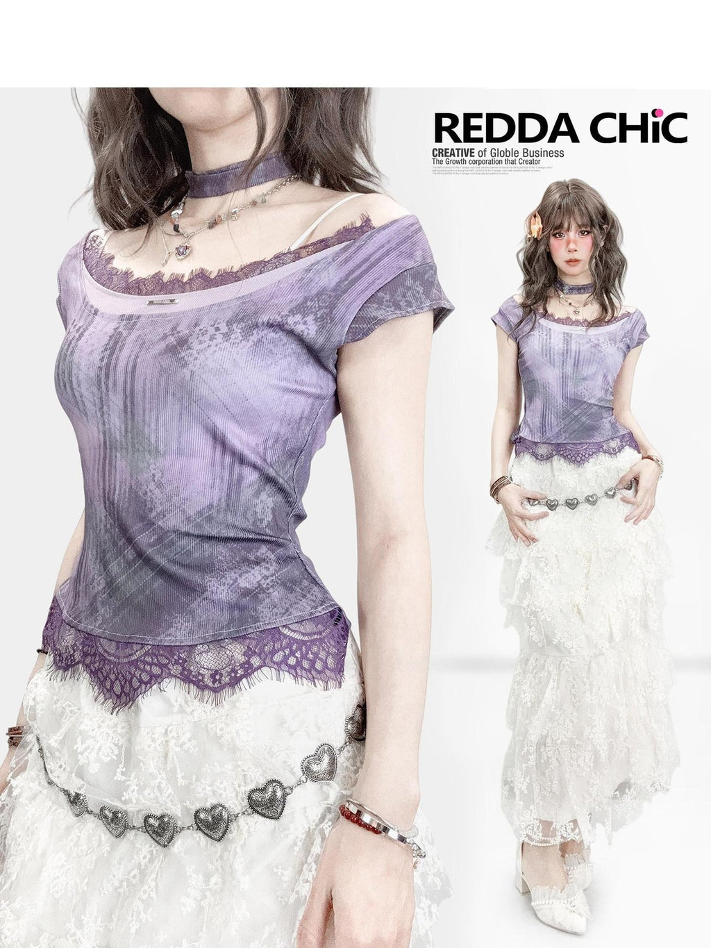 REDDACHIC Purple Lace Patchwork Gradient Cinched Cropped Women'S Short Sleeve T-Shirts