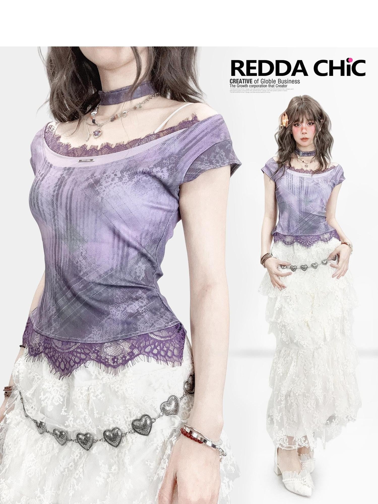 REDDACHIC Purple Lace Patchwork Gradient Cinched Cropped Women'S Short Sleeve T-Shirts