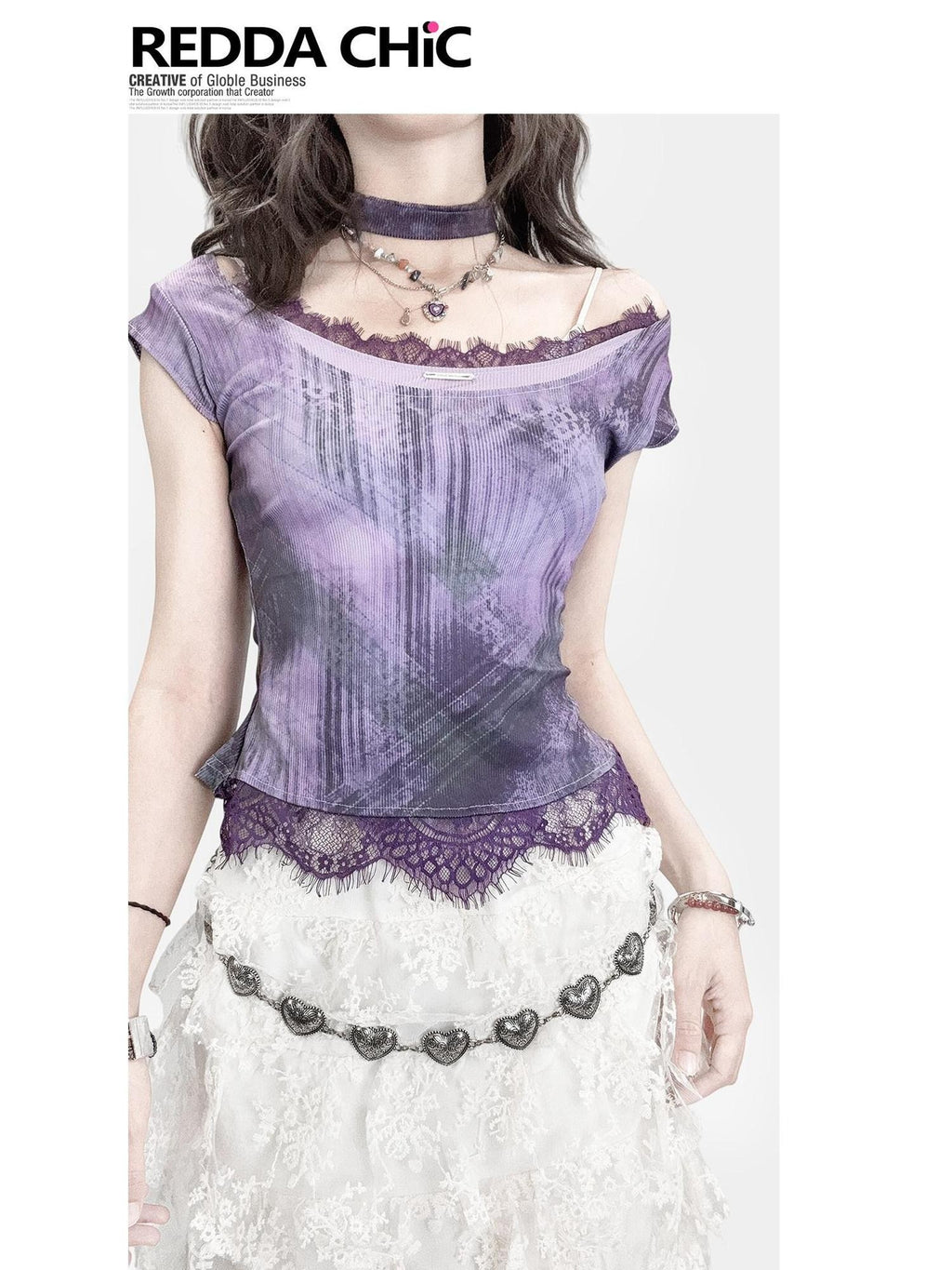 REDDACHIC Purple Lace Patchwork Gradient Cinched Cropped Women'S Short Sleeve T-Shirts