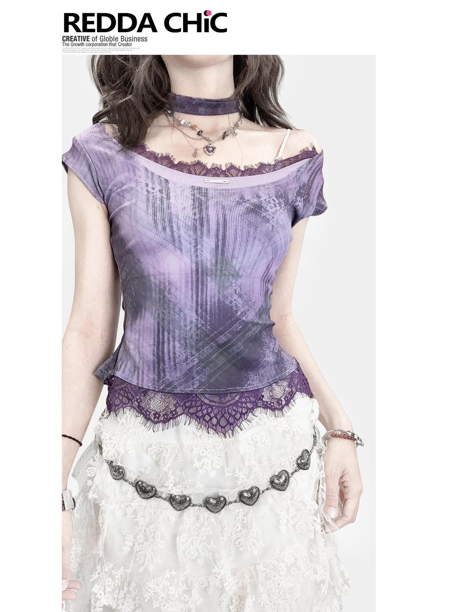 REDDACHIC Purple Lace Patchwork Gradient Cinched Cropped Women'S Short Sleeve T-Shirts