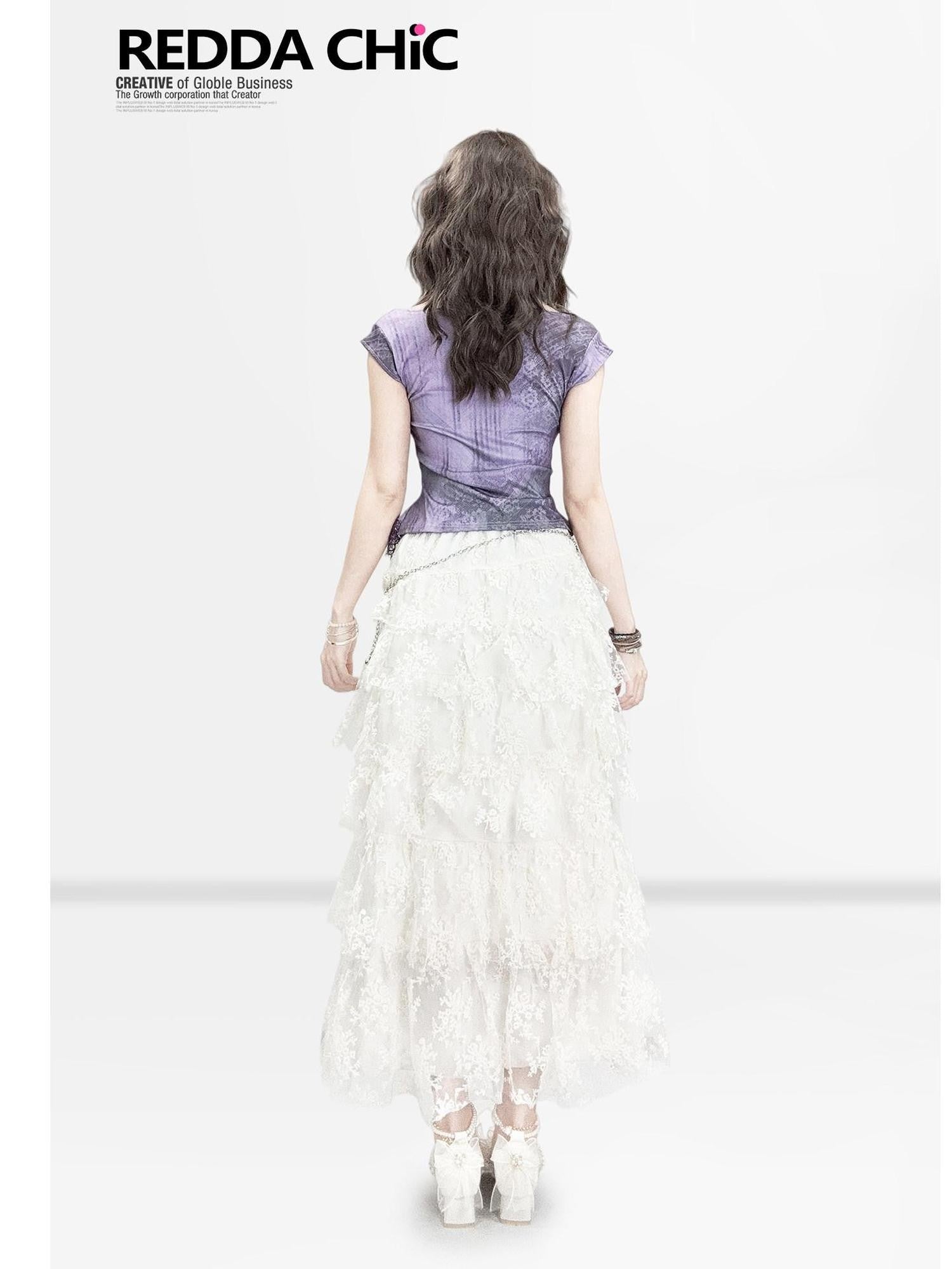 REDDACHIC Purple Lace Patchwork Gradient Cinched Cropped Women'S Short Sleeve T-Shirts