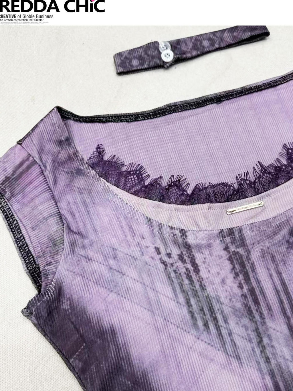 REDDACHIC Purple Lace Patchwork Gradient Cinched Cropped Women'S Short Sleeve T-Shirts
