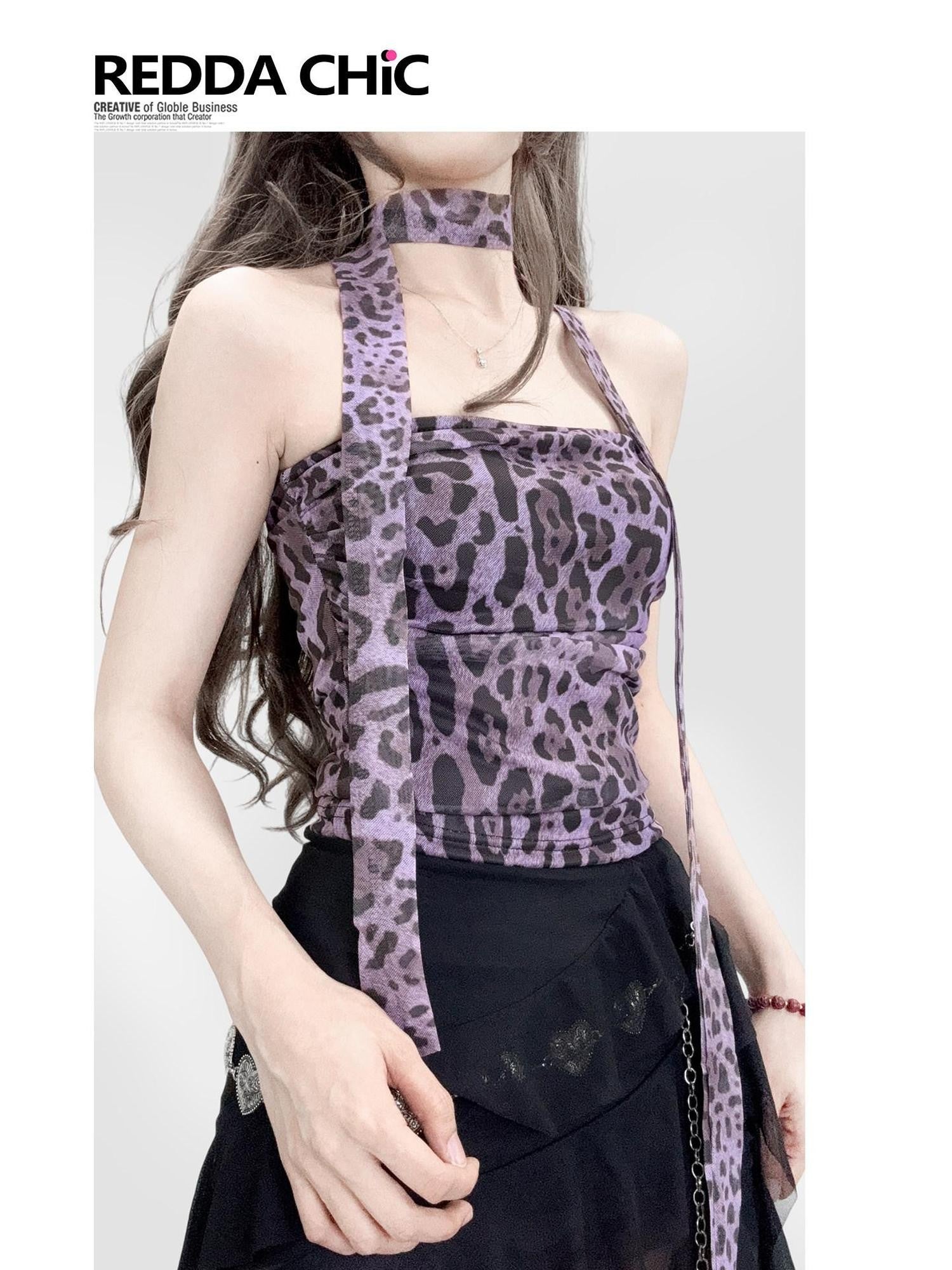 REDDACHIC Purple Leopard Padded Choker Waist Cinch H Cut Women'S Mesh Tube Tops / Bandeaus