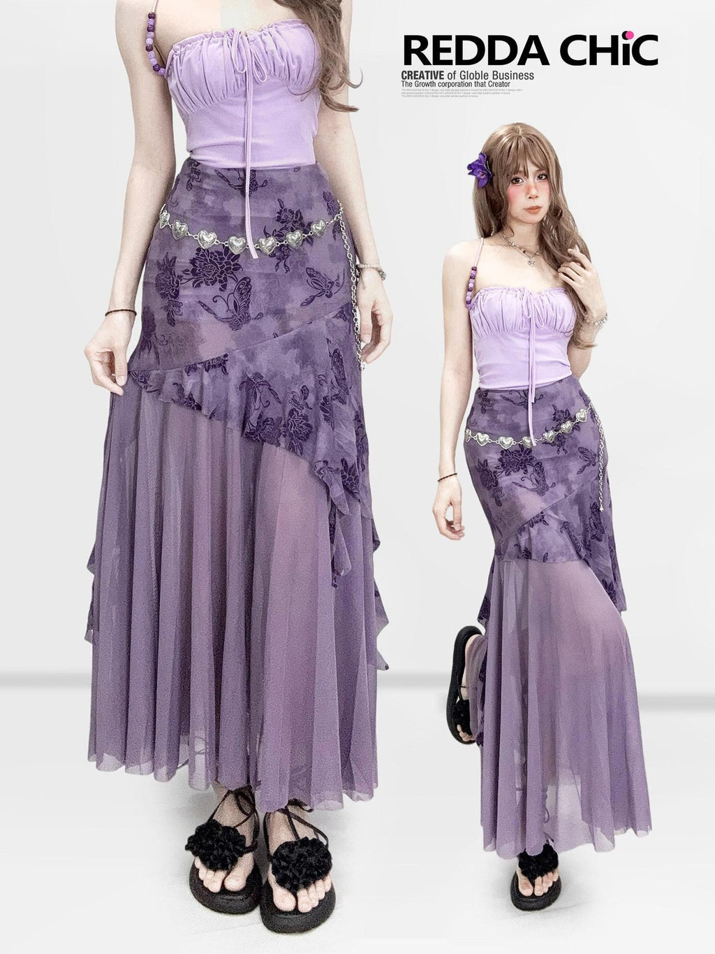 REDDACHIC Purple Printed Ruffle Asymmetric High Waist Bodycon Women'S Tulle Midi Skirts