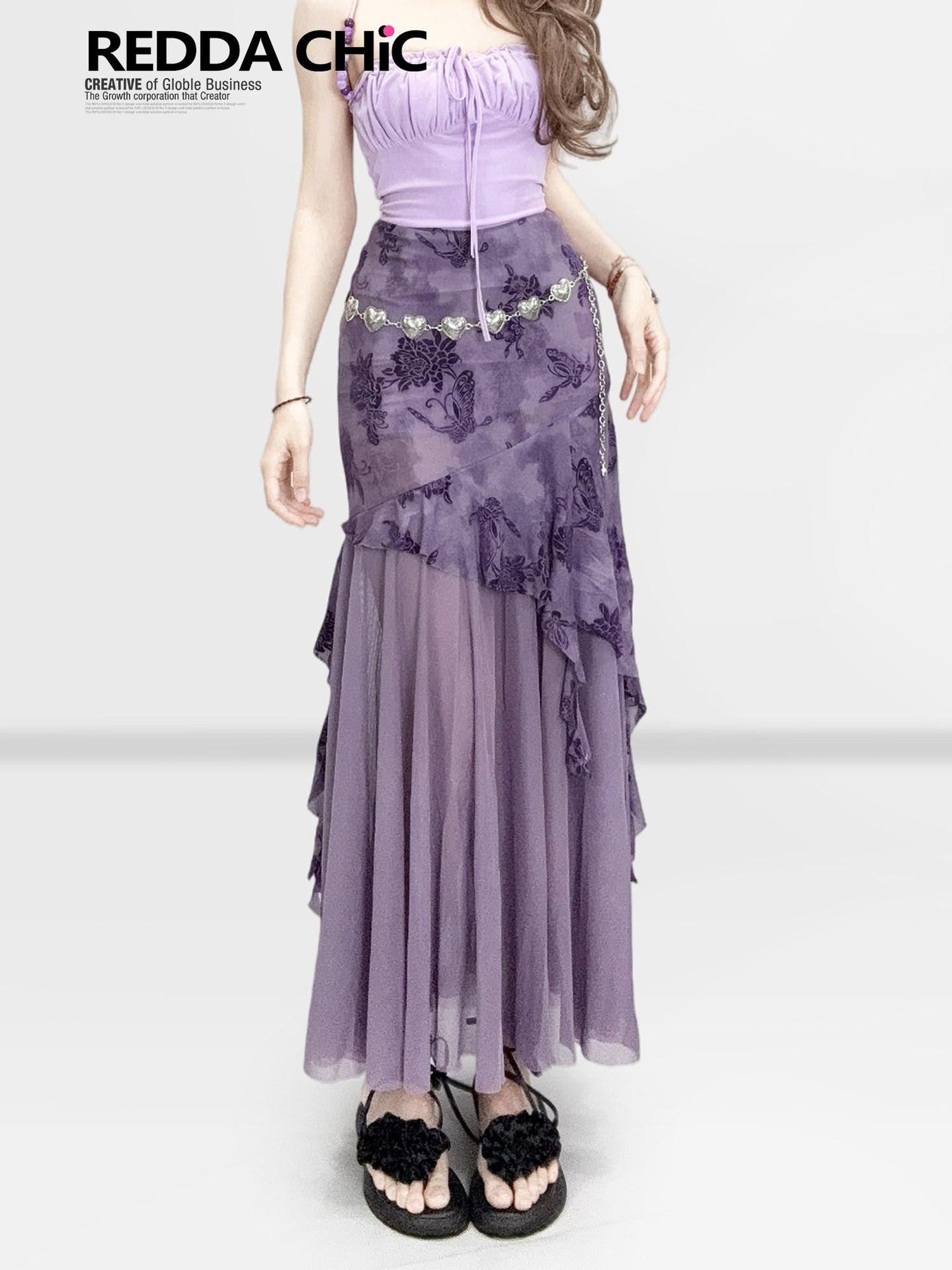 REDDACHIC Purple Printed Ruffle Asymmetric High Waist Bodycon Women'S Tulle Midi Skirts