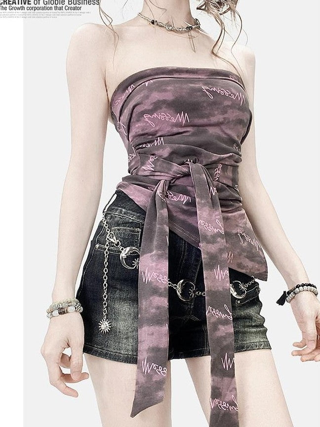 REDDACHIC Purple Tie Dye Letter Print Padded Ruched Tie Women'S Tube Tops / Bandeaus