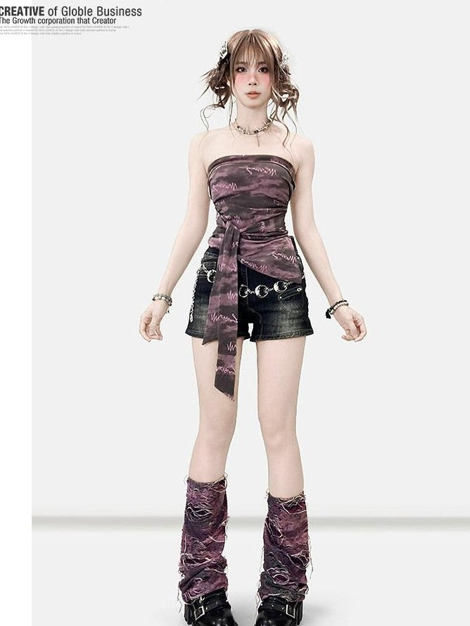 REDDACHIC Purple Tie Dye Letter Print Padded Ruched Tie Women'S Tube Tops / Bandeaus