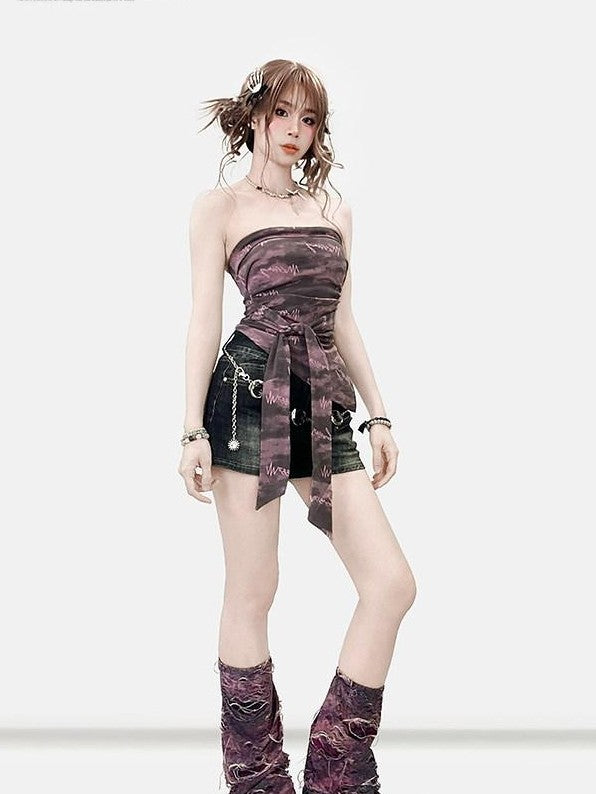 REDDACHIC Purple Tie Dye Letter Print Padded Ruched Tie Women'S Tube Tops / Bandeaus