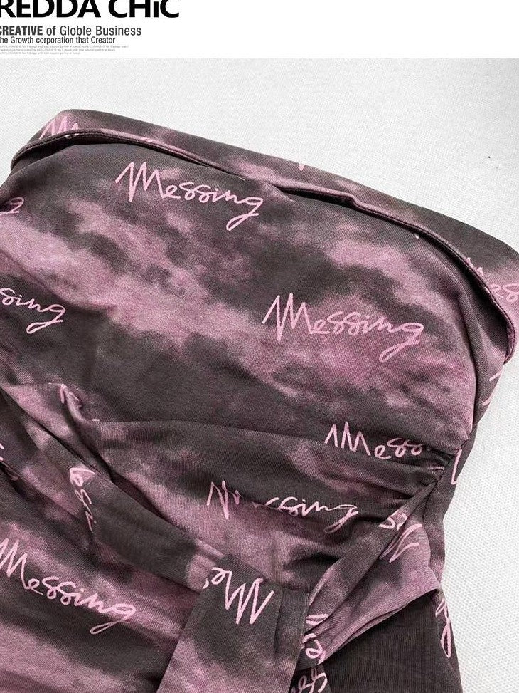 REDDACHIC Purple Tie Dye Letter Print Padded Ruched Tie Women'S Tube Tops / Bandeaus