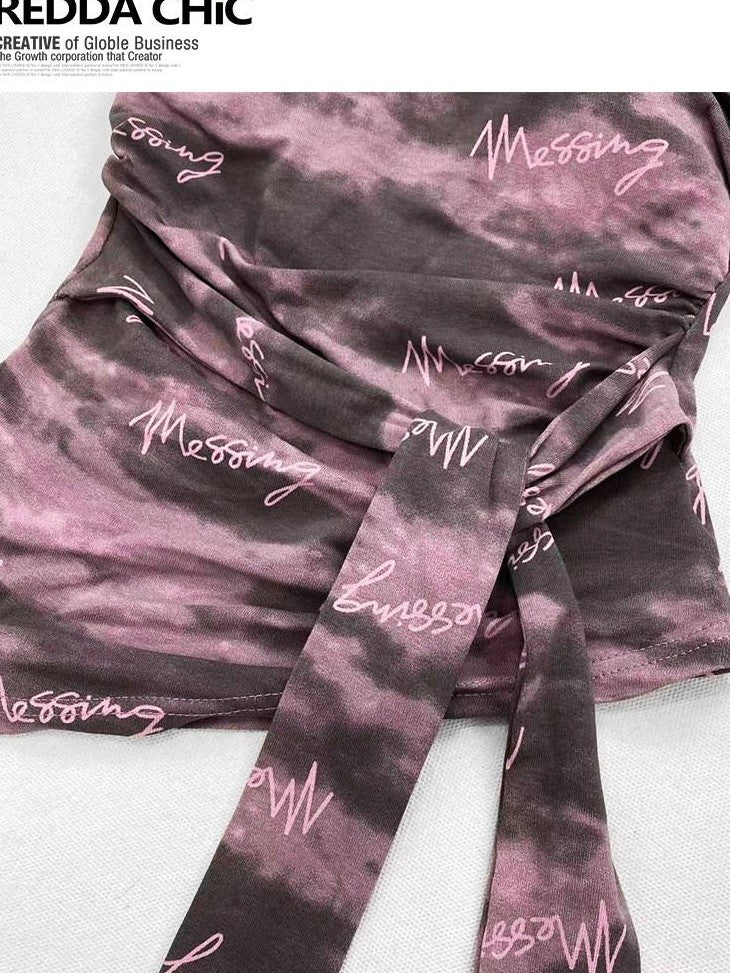 REDDACHIC Purple Tie Dye Letter Print Padded Ruched Tie Women'S Tube Tops / Bandeaus