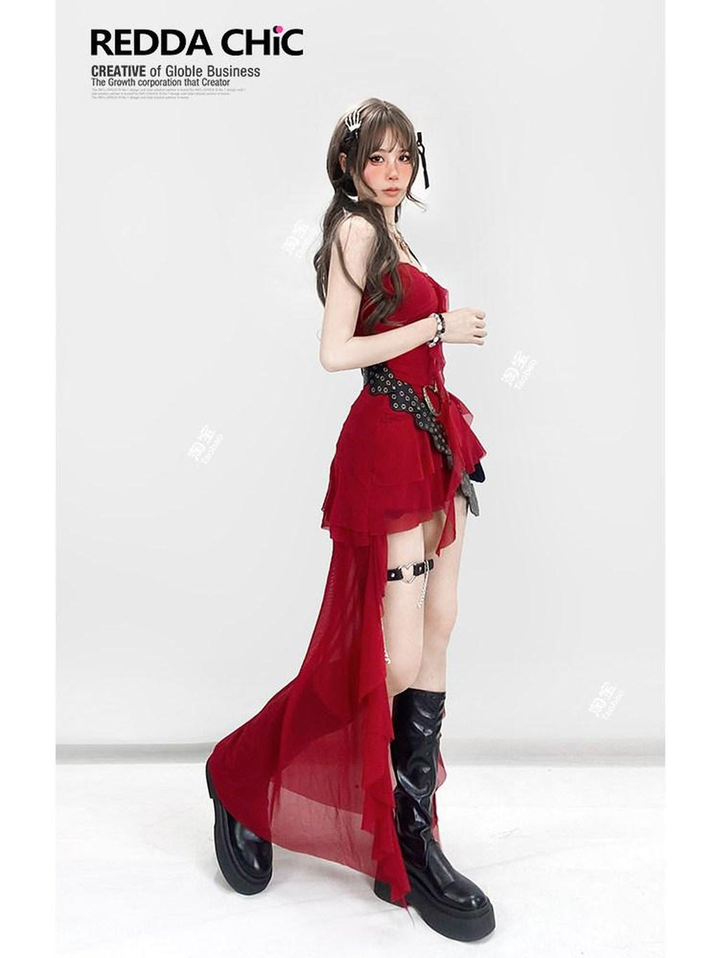 REDDACHIC Red Asymmetrical Ruffle Slim Fit Camisole Women'S Slip Maxi Dresses