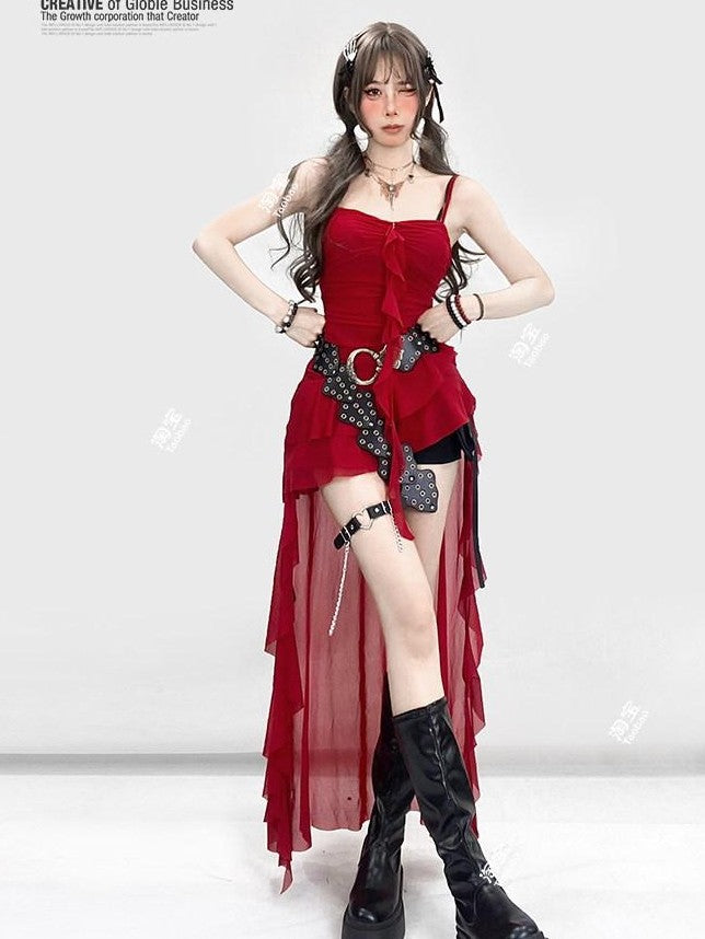 REDDACHIC Red Asymmetrical Ruffle Slim Fit Camisole Women'S Slip Maxi Dresses
