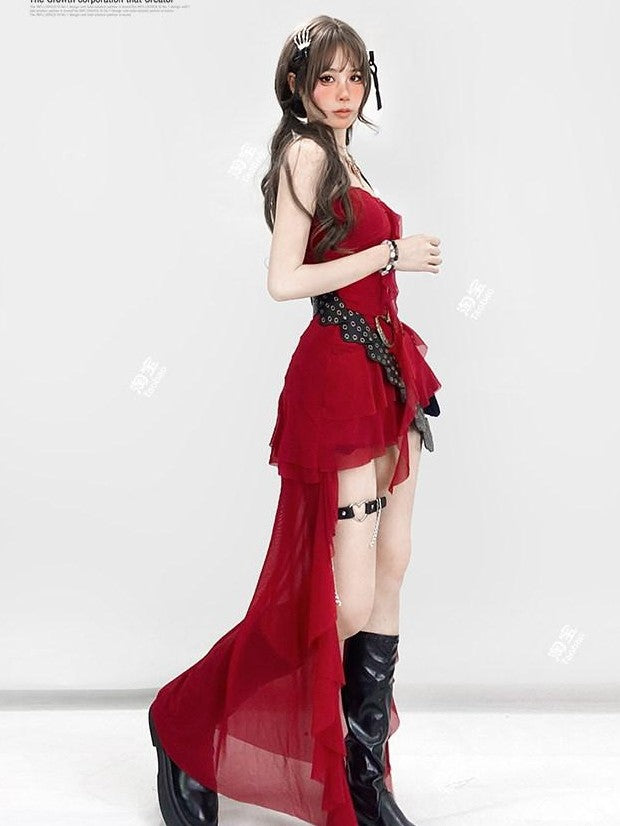 REDDACHIC Red Asymmetrical Ruffle Slim Fit Camisole Women'S Slip Maxi Dresses
