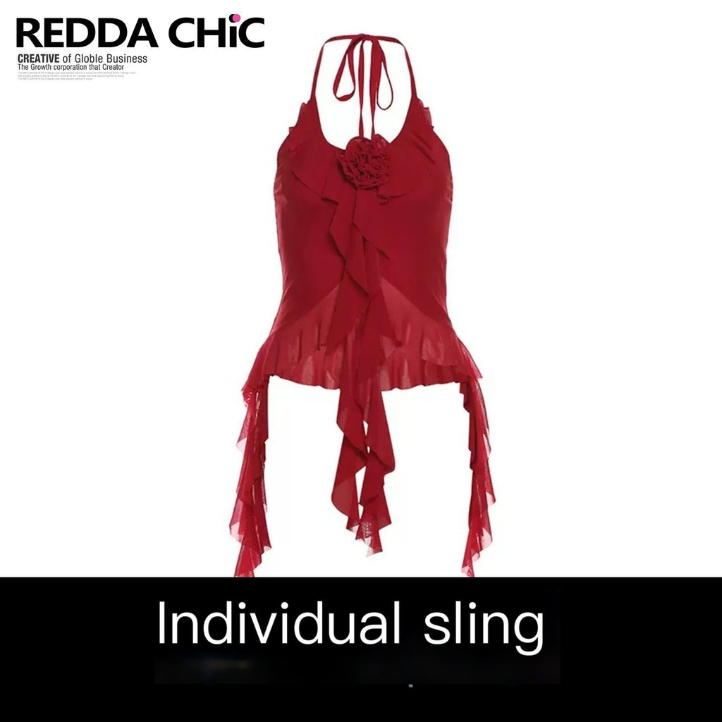 REDDACHIC_Red_Halter_Asymmetrical_V-neck_Cropped_Fitted_Women'S_Mesh_Camisoles_MISSTT