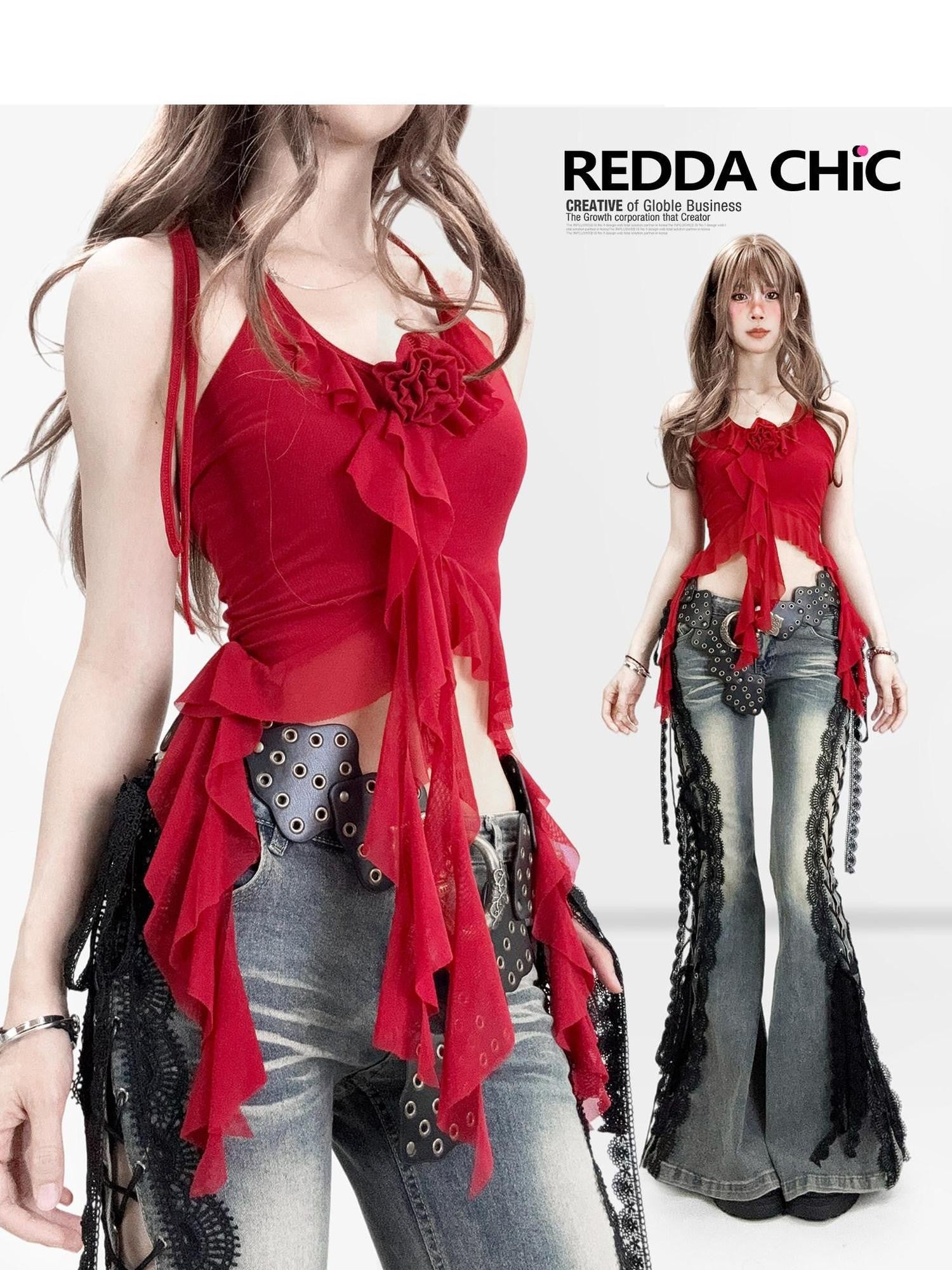 REDDACHIC Red Halter Asymmetrical V-neck Cropped Fitted Women'S Mesh Camisoles