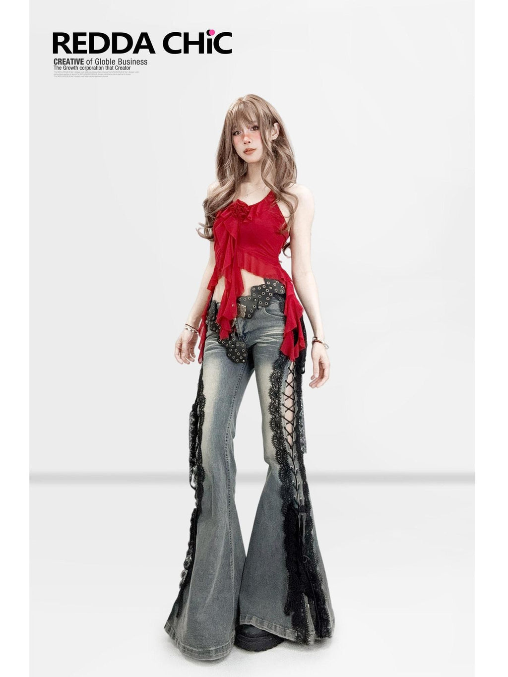 REDDACHIC Red Halter Asymmetrical V-neck Cropped Fitted Women'S Mesh Camisoles