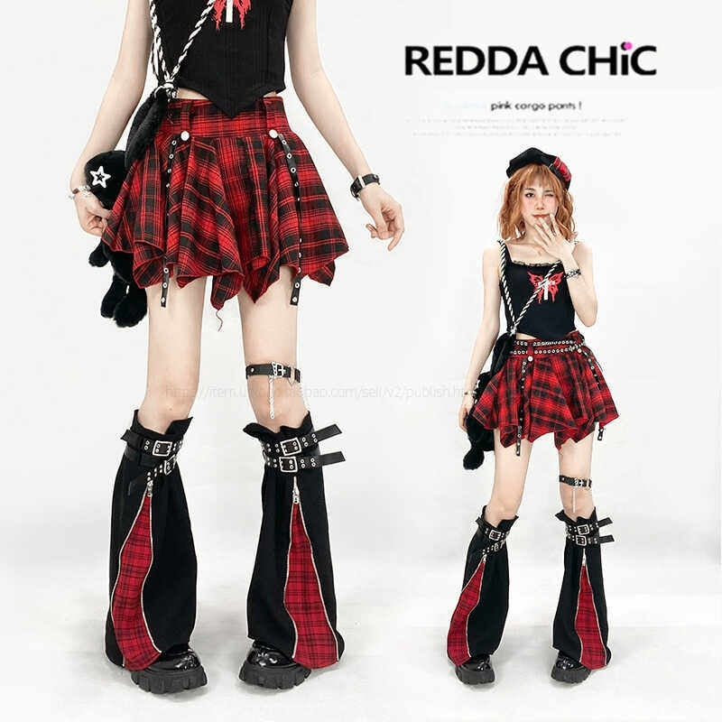 REDDACHIC_Red_Plaid_Asymmetric_Pleated_Cake_Tie_High_Waist_Women'S_Mini_Skirts_MISSTT