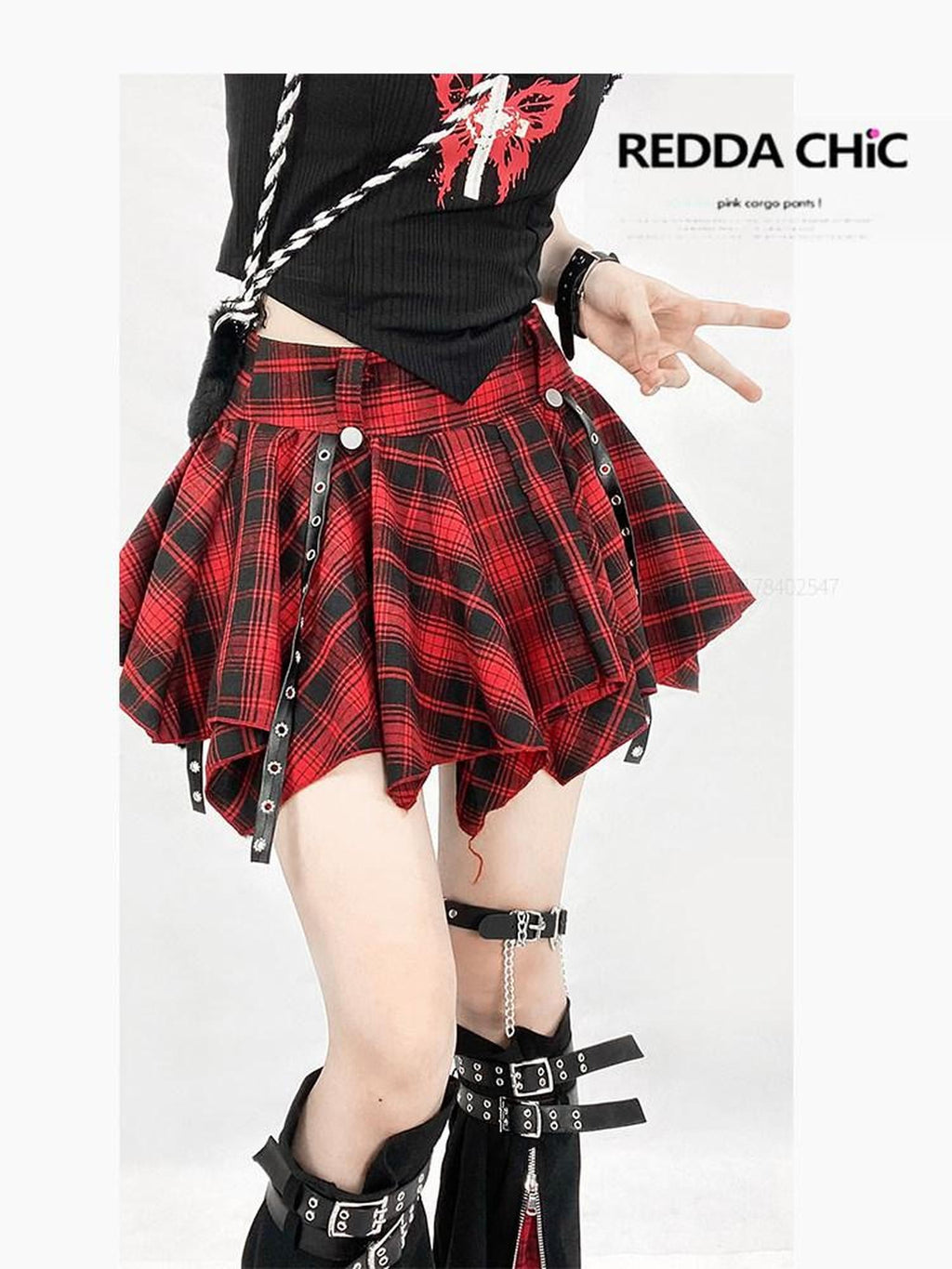 REDDACHIC Red Plaid Asymmetric Pleated Cake Tie High Waist Women'S Mini Skirts