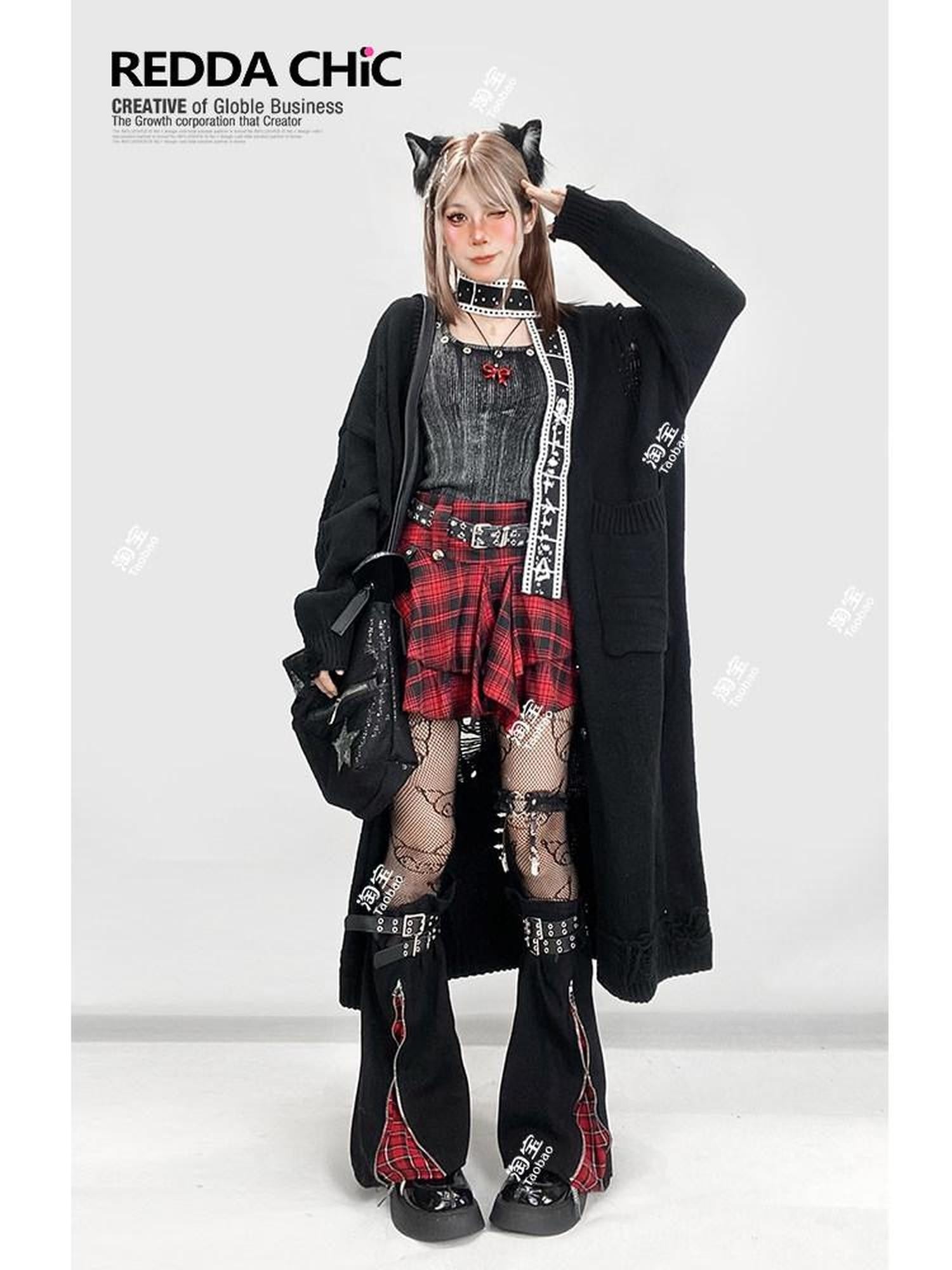 REDDACHIC Red Plaid Asymmetric Pleated Cake Tie High Waist Women'S Mini Skirts