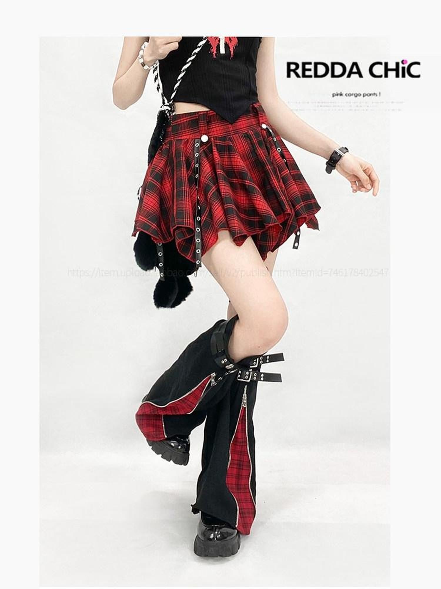 REDDACHIC Red Plaid Asymmetric Pleated Cake Tie High Waist Women'S Mini Skirts
