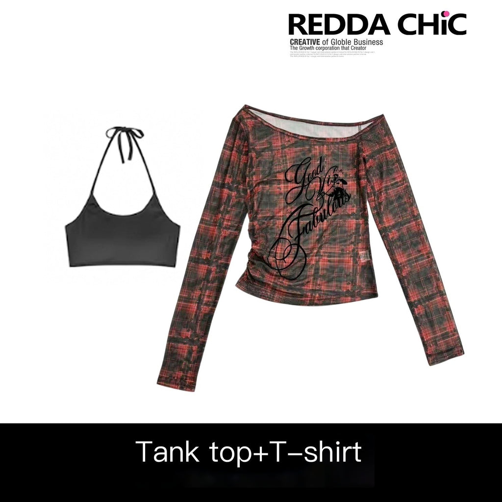 REDDACHIC_Red_Plaid_Diagonal_Neck_Sheer_Lettering_Gothic_Women'S_Mesh_Long_Sleeve_T-Shirts_MISSTT