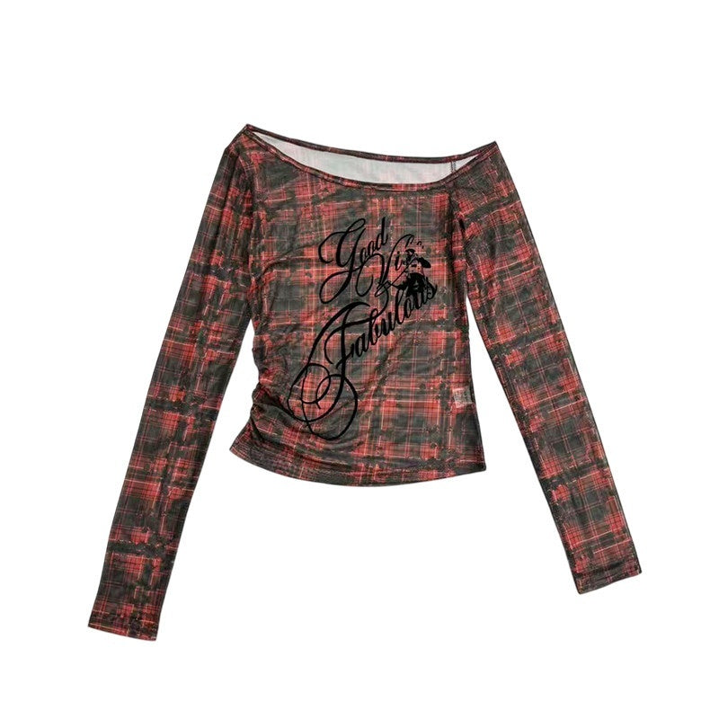 REDDACHIC_Red_Plaid_Diagonal_Neck_Sheer_Lettering_Gothic_Women'S_Mesh_Long_Sleeve_T-Shirts_MISSTT