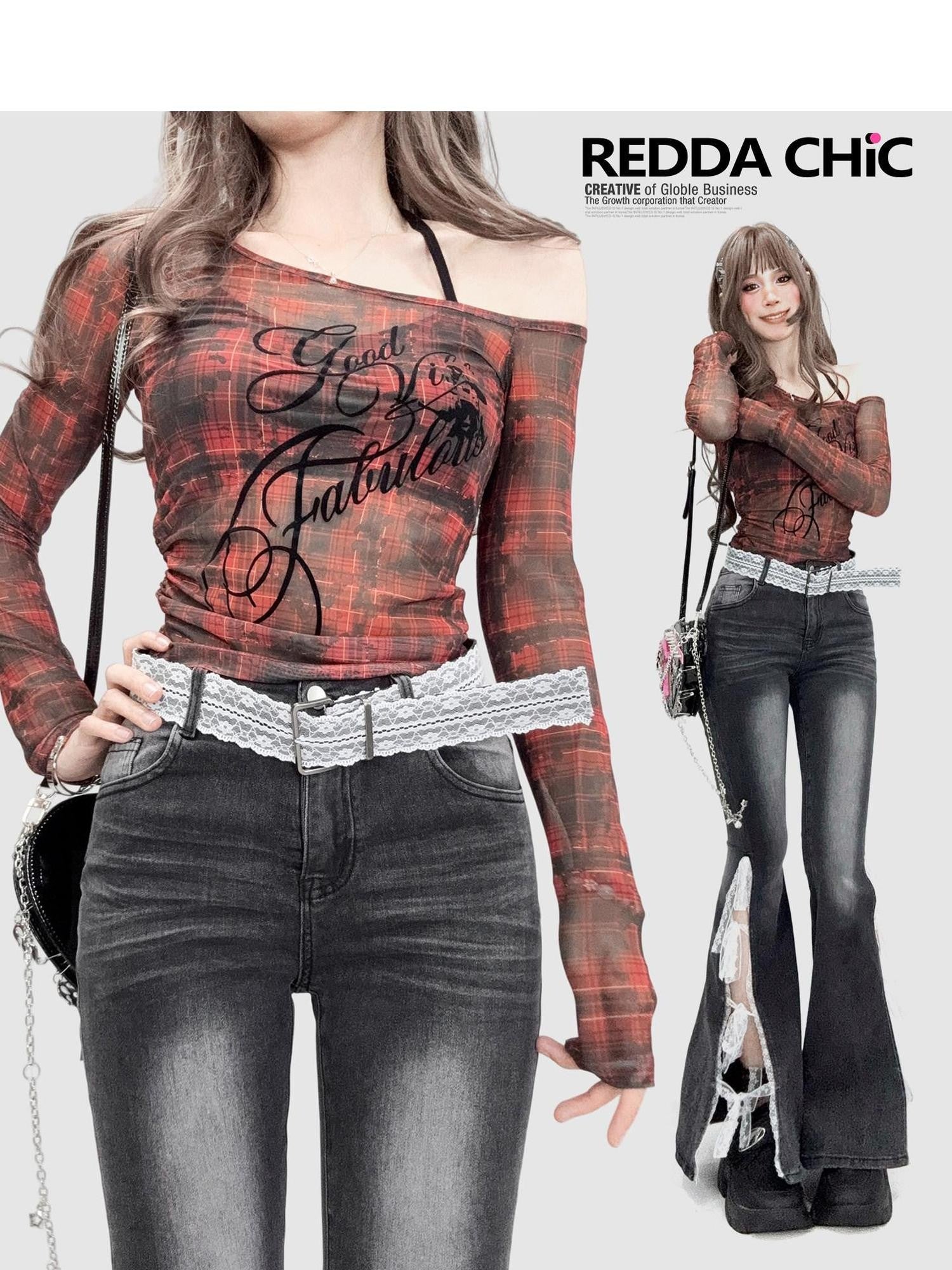 REDDACHIC Red Plaid Diagonal Neck Sheer Lettering Gothic Women'S Mesh Long Sleeve T-Shirts