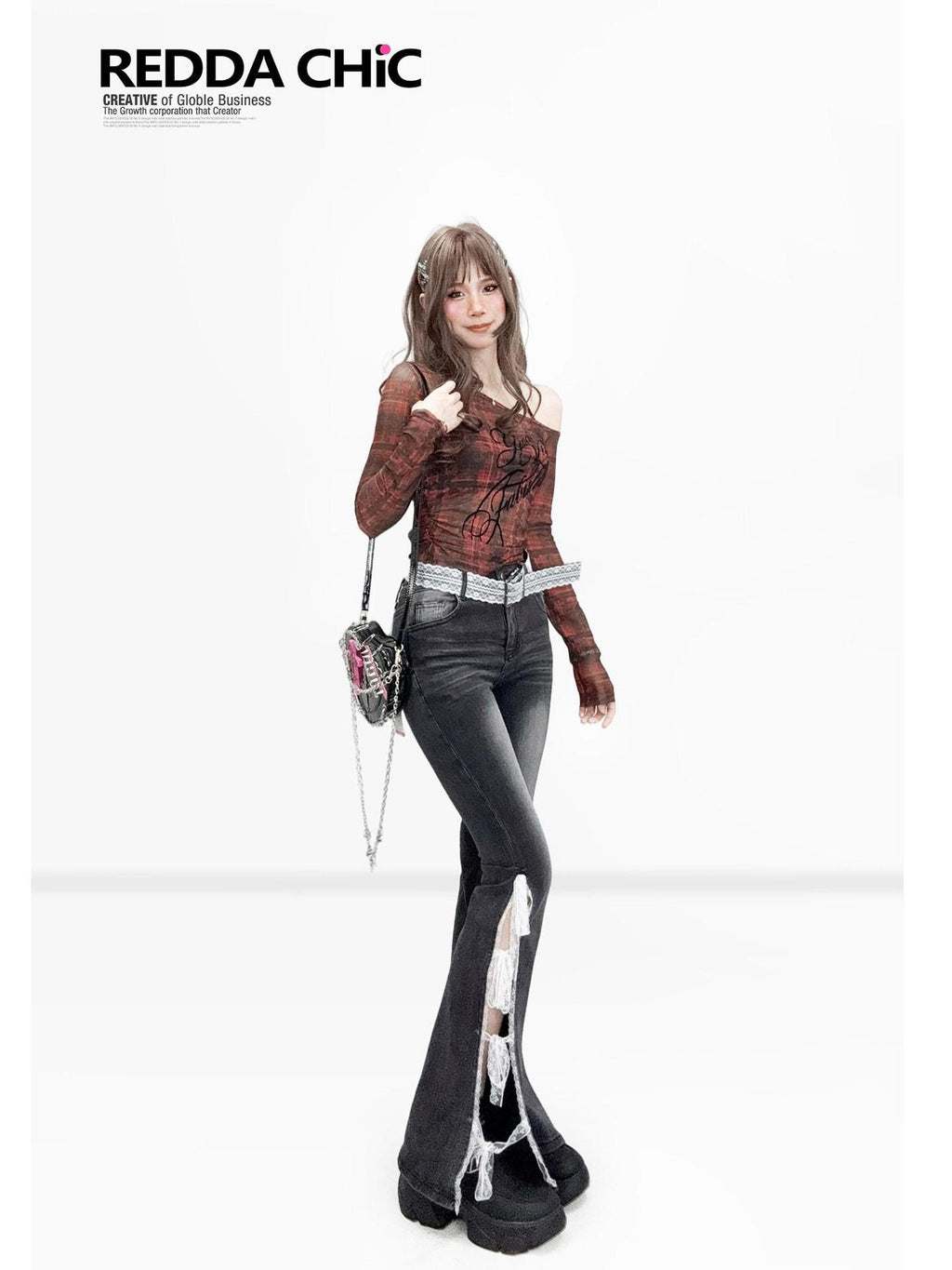 REDDACHIC Red Plaid Diagonal Neck Sheer Lettering Gothic Women'S Mesh Long Sleeve T-Shirts