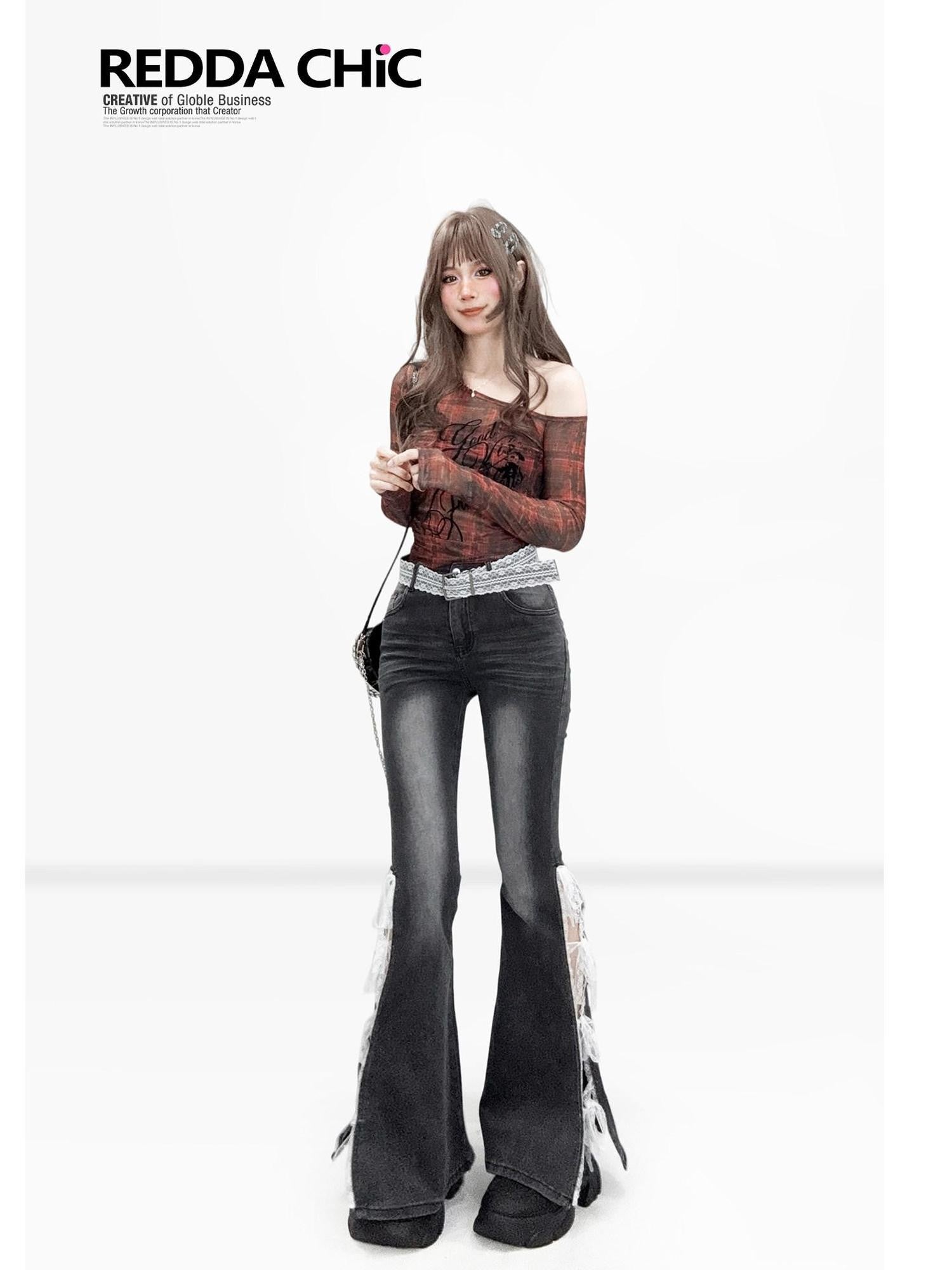 REDDACHIC Red Plaid Diagonal Neck Sheer Lettering Gothic Women'S Mesh Long Sleeve T-Shirts
