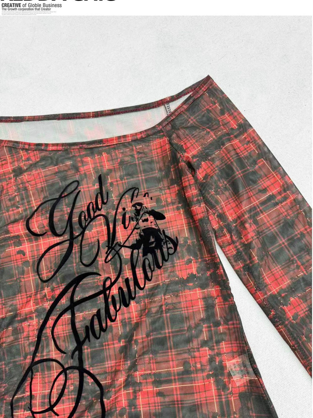 REDDACHIC Red Plaid Diagonal Neck Sheer Lettering Gothic Women'S Mesh Long Sleeve T-Shirts