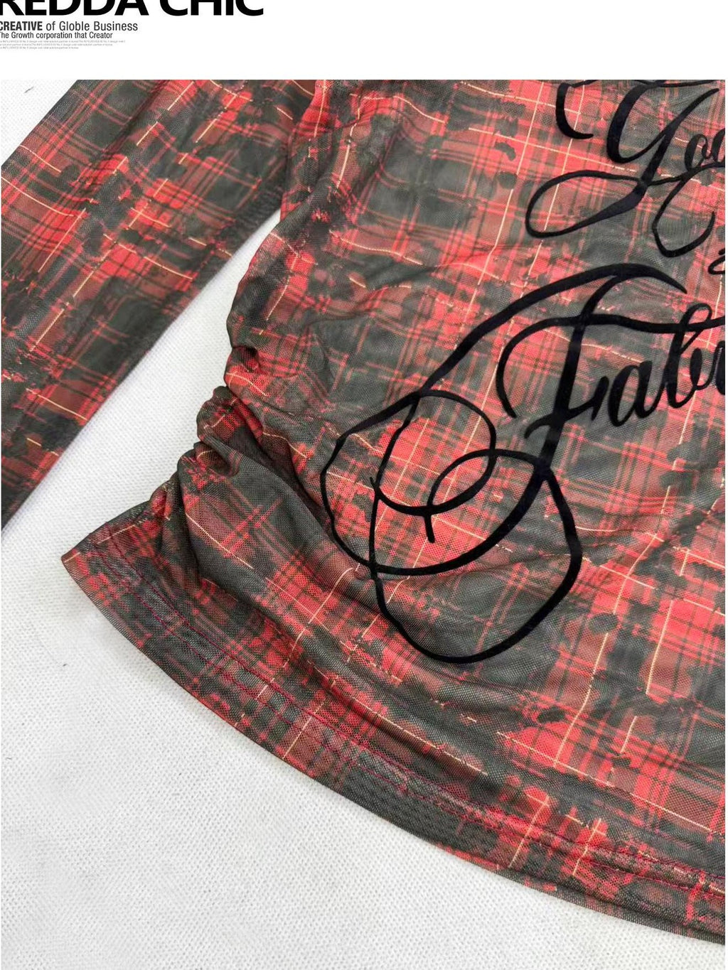 REDDACHIC Red Plaid Diagonal Neck Sheer Lettering Gothic Women'S Mesh Long Sleeve T-Shirts