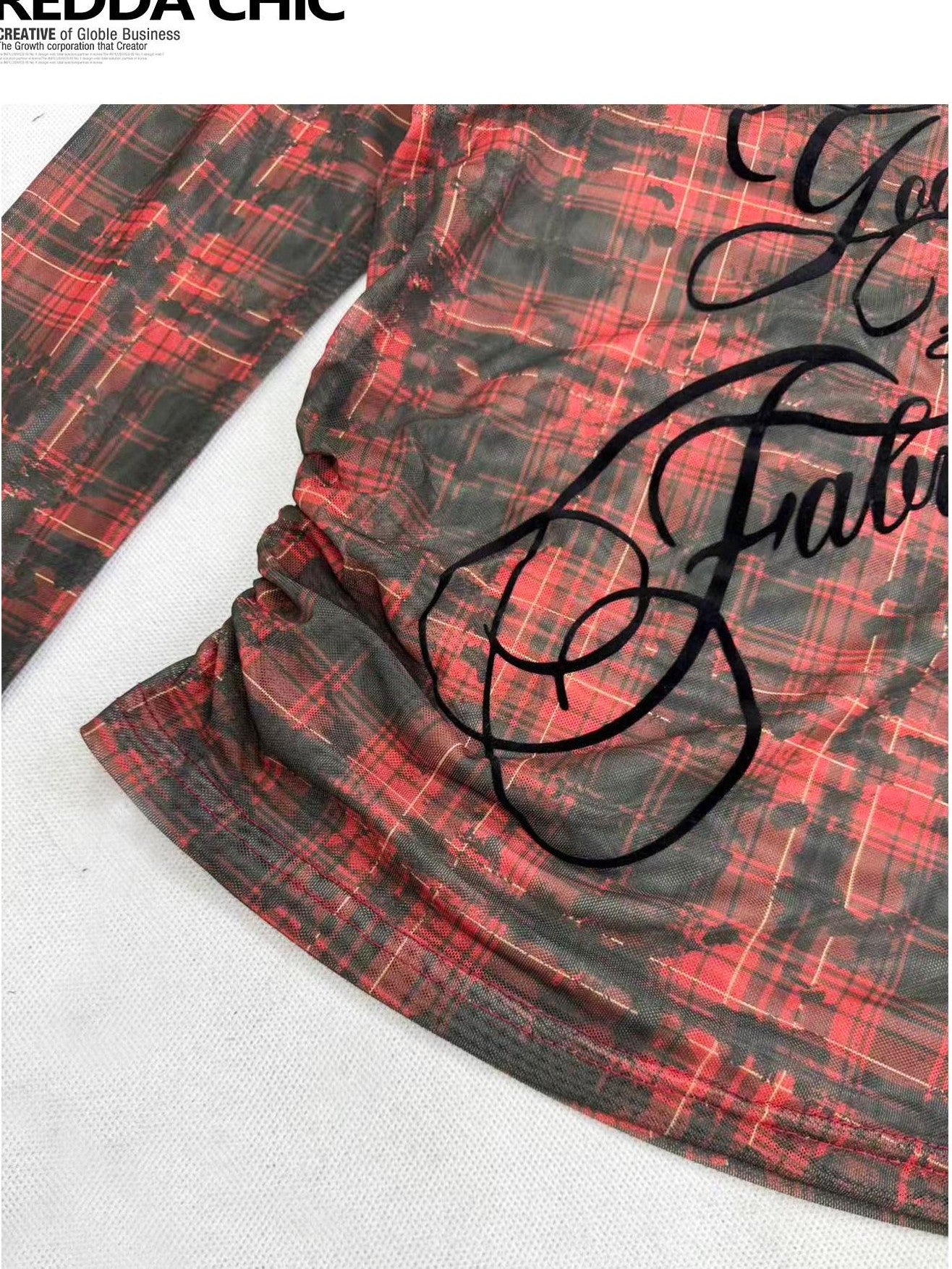 REDDACHIC Red Plaid Diagonal Neck Sheer Lettering Gothic Women'S Mesh Long Sleeve T-Shirts