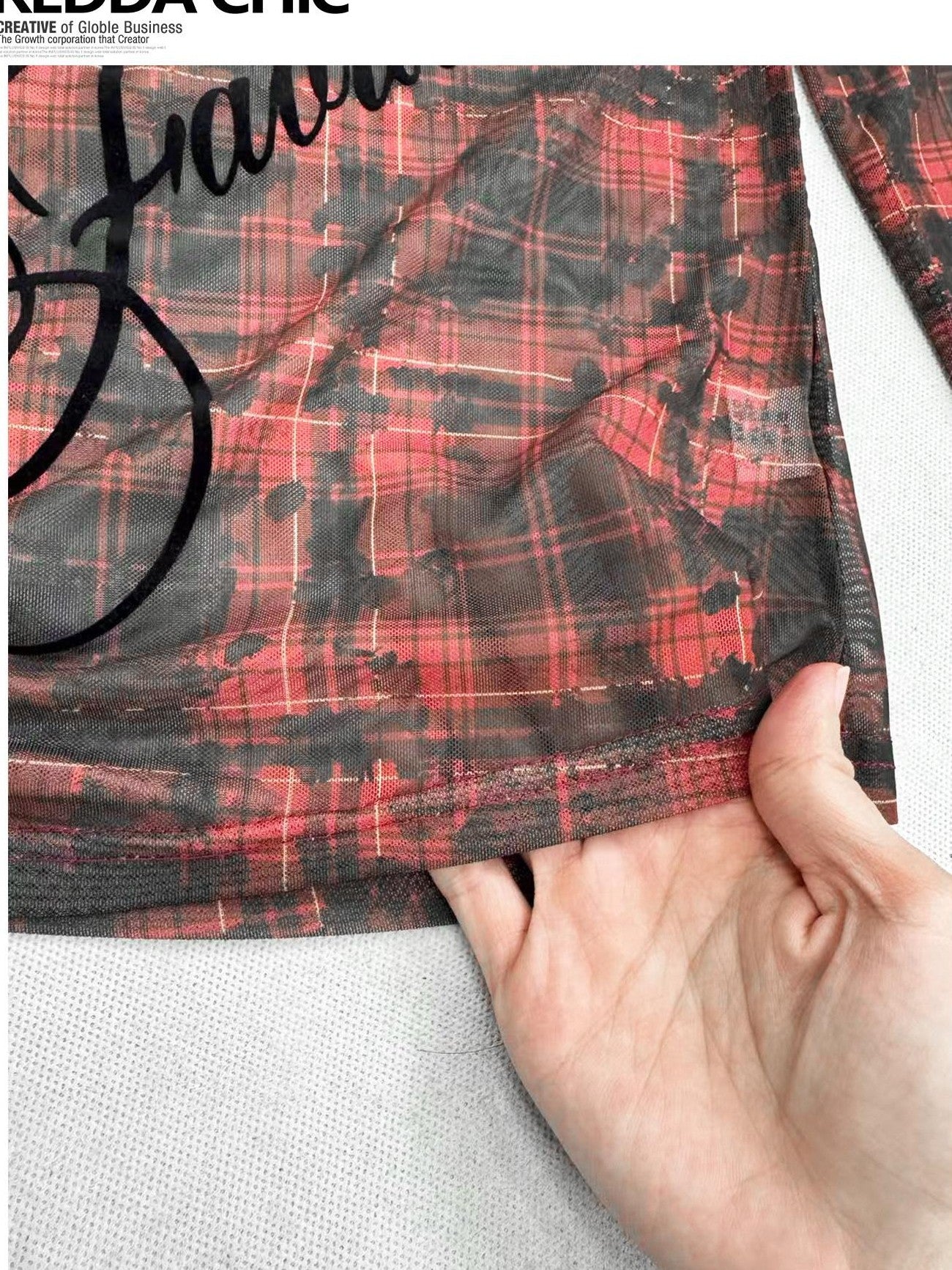 REDDACHIC Red Plaid Diagonal Neck Sheer Lettering Gothic Women'S Mesh Long Sleeve T-Shirts