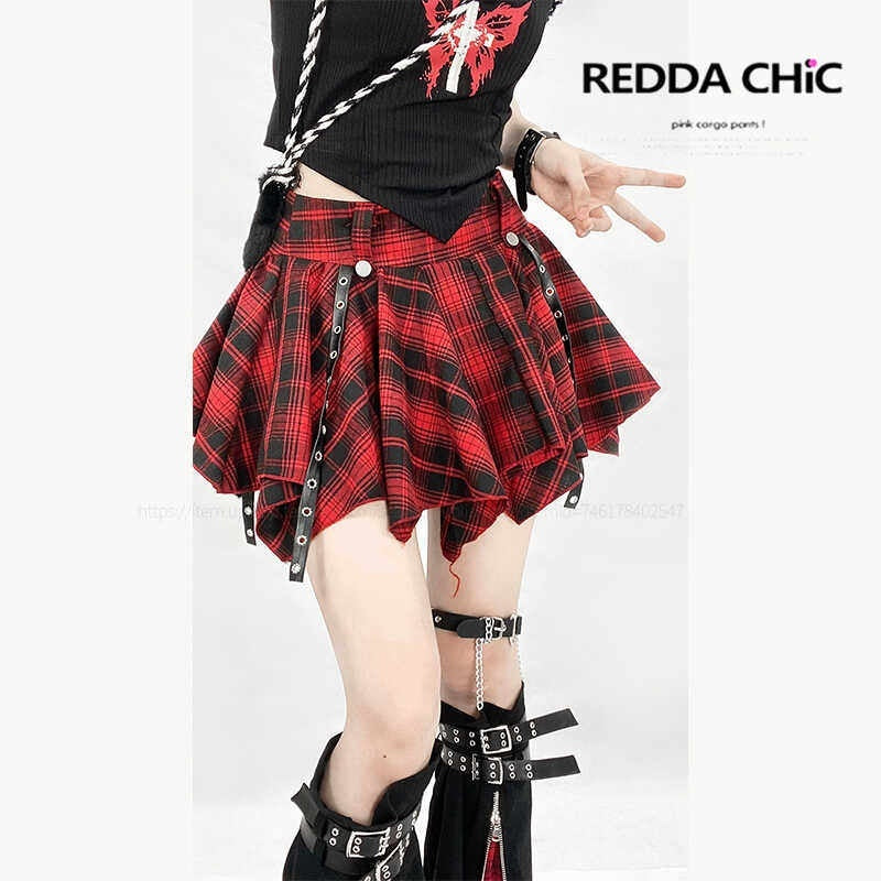 REDDACHIC_Red_Plaid_Irregular_A_Line_High_Waist_Women'S_Pu_Mini_Skirts_MISSTT