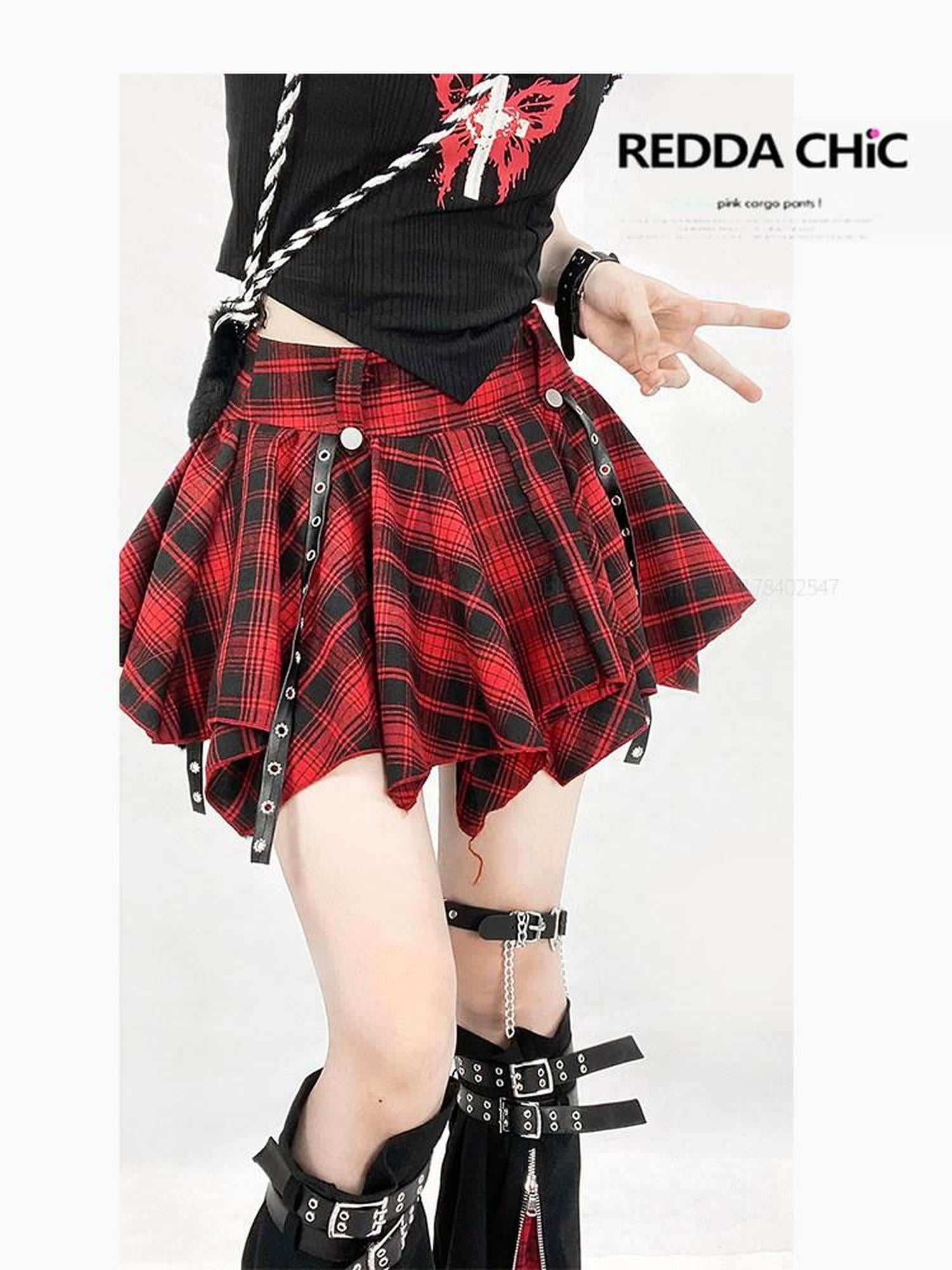 REDDACHIC Red Plaid Irregular A Line High Waist Women'S Pu Mini Skirts