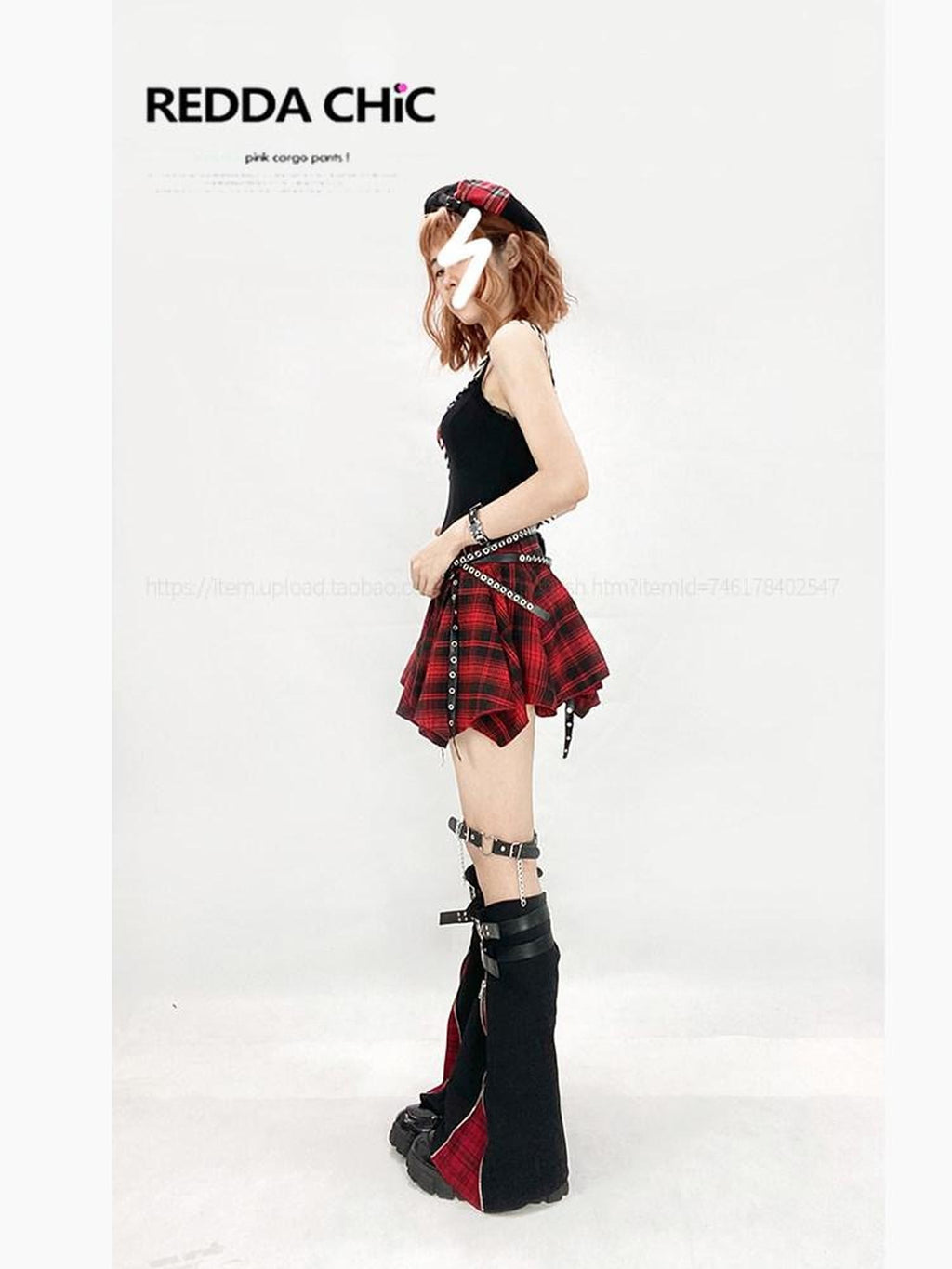 REDDACHIC Red Plaid Irregular A Line High Waist Women'S Pu Mini Skirts