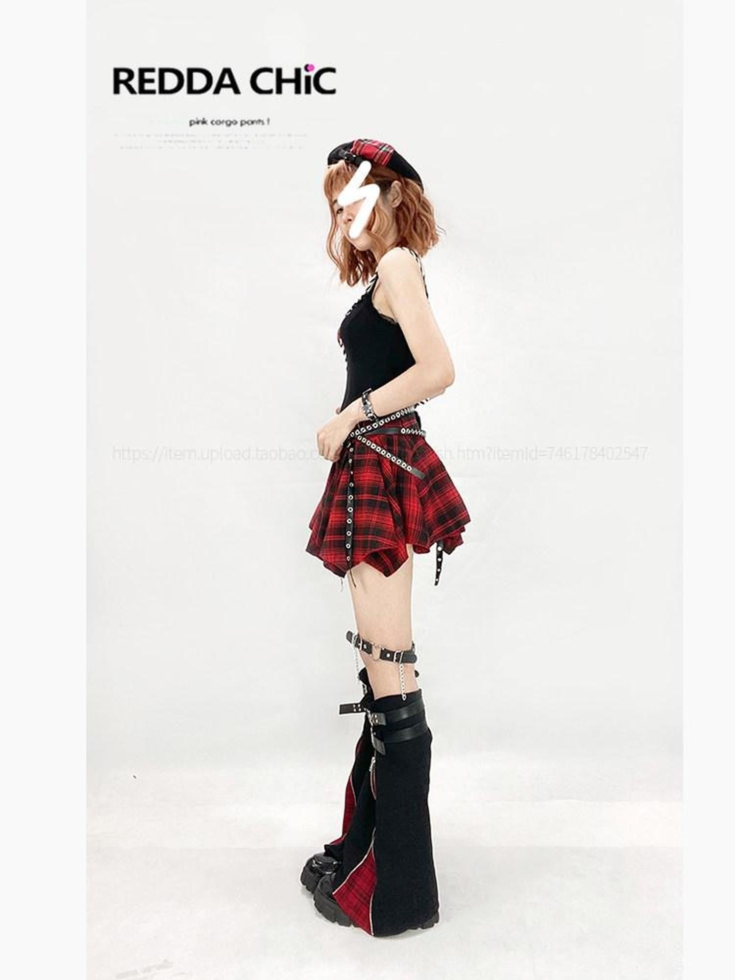 REDDACHIC Red Plaid Irregular A Line High Waist Women'S Pu Mini Skirts