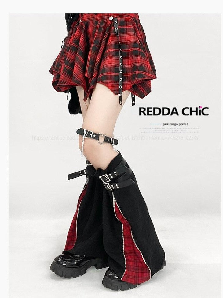 REDDACHIC Red Plaid Irregular A Line High Waist Women'S Pu Mini Skirts