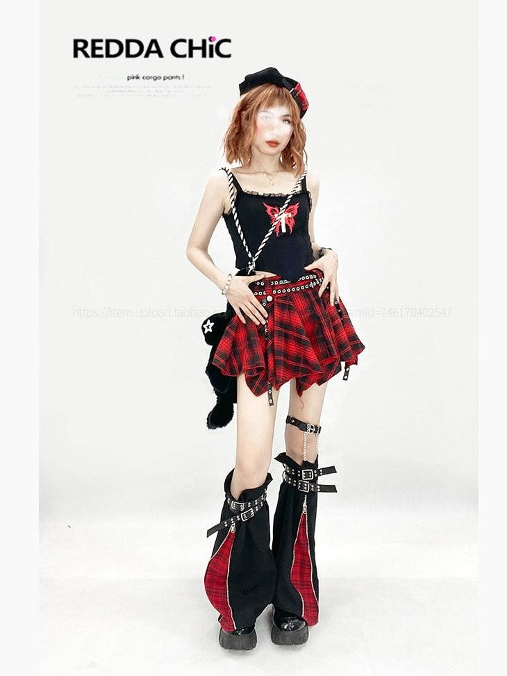 REDDACHIC Red Plaid Irregular A Line High Waist Women'S Pu Mini Skirts