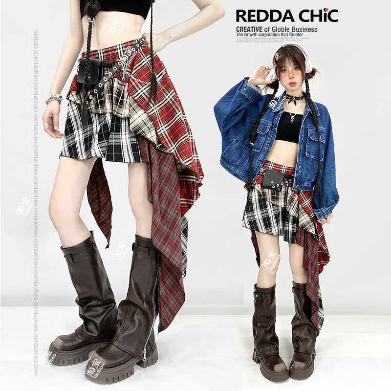 REDDACHIC_Red_Plaid_Patchwork_Asymmetrical_Tiered_Ruffle_High_Waist_Women'S_Maxi_Skirts_MISSTT