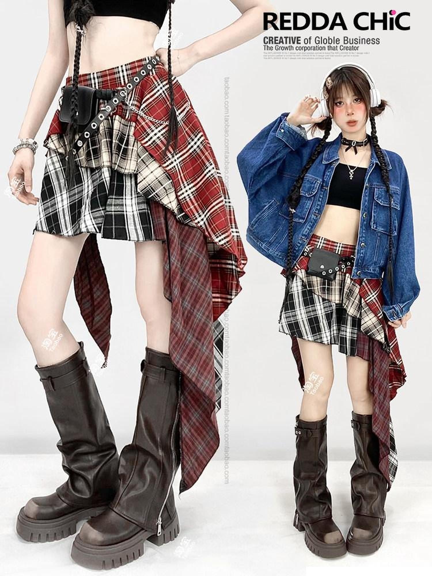 REDDACHIC Red Plaid Patchwork Asymmetrical Tiered Ruffle High Waist Women'S Maxi Skirts