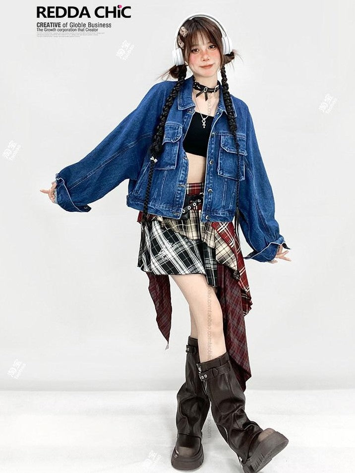 REDDACHIC Red Plaid Patchwork Asymmetrical Tiered Ruffle High Waist Women'S Maxi Skirts