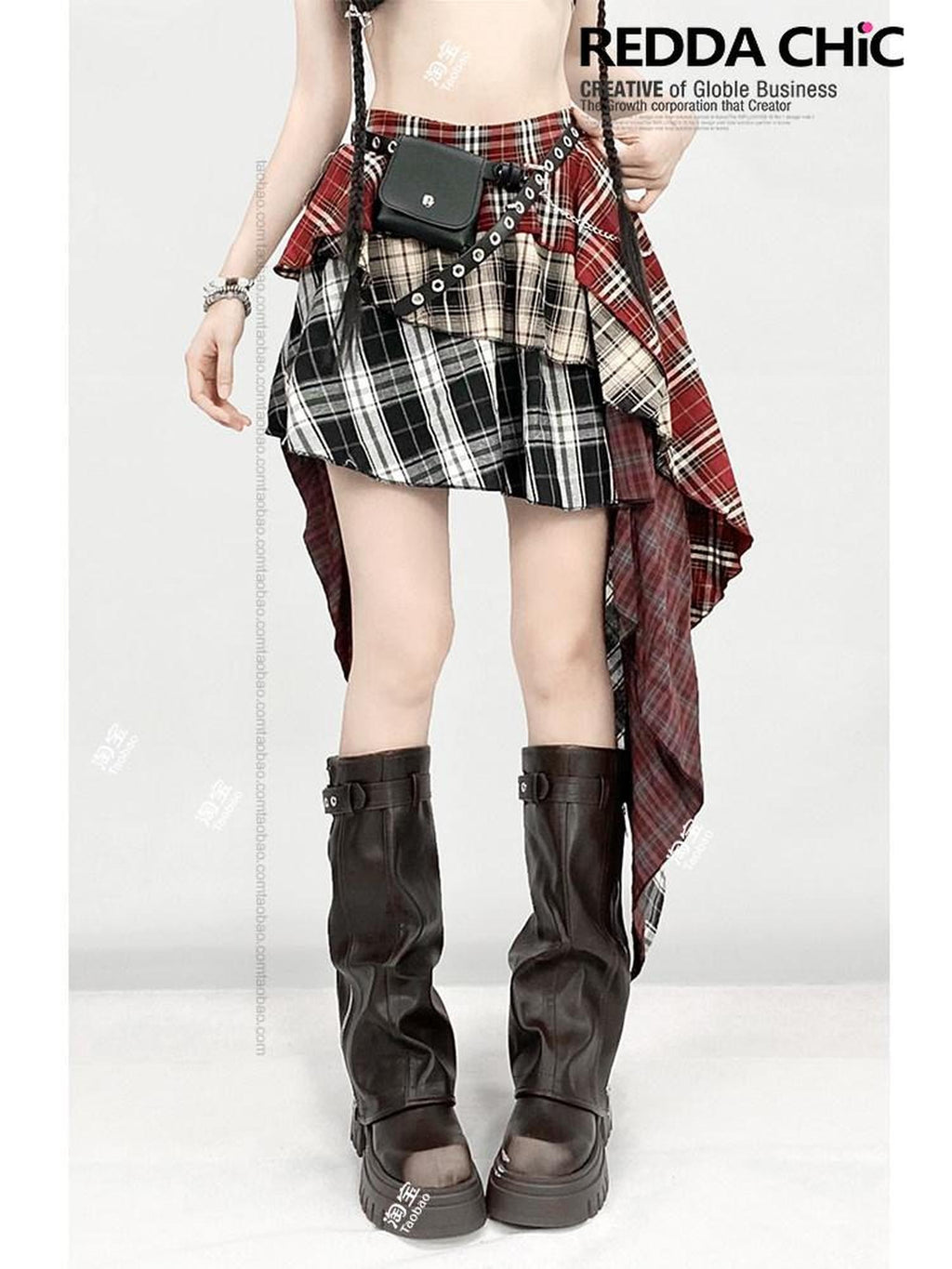 REDDACHIC Red Plaid Patchwork Asymmetrical Tiered Ruffle High Waist Women'S Maxi Skirts
