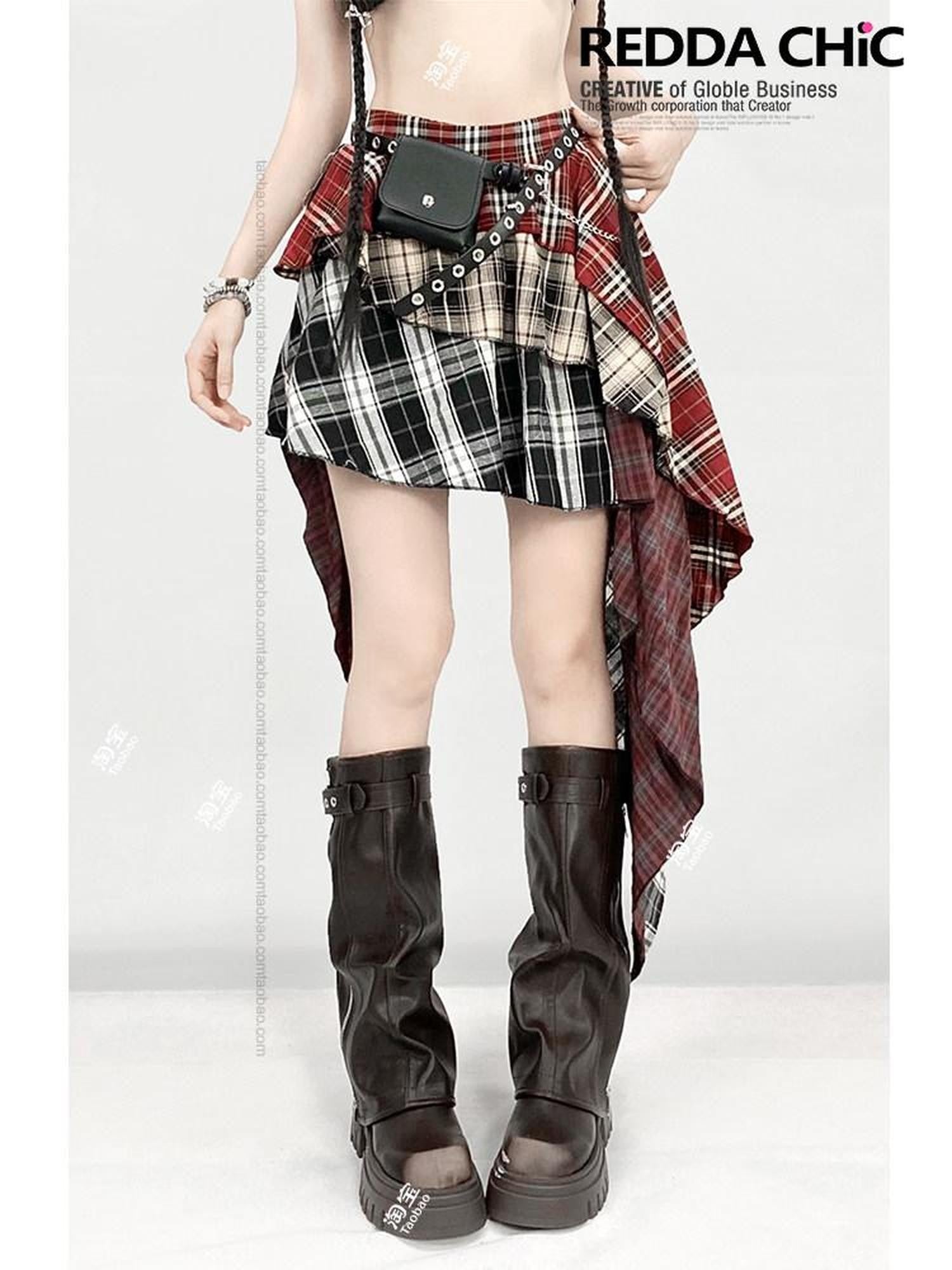 REDDACHIC Red Plaid Patchwork Asymmetrical Tiered Ruffle High Waist Women'S Maxi Skirts